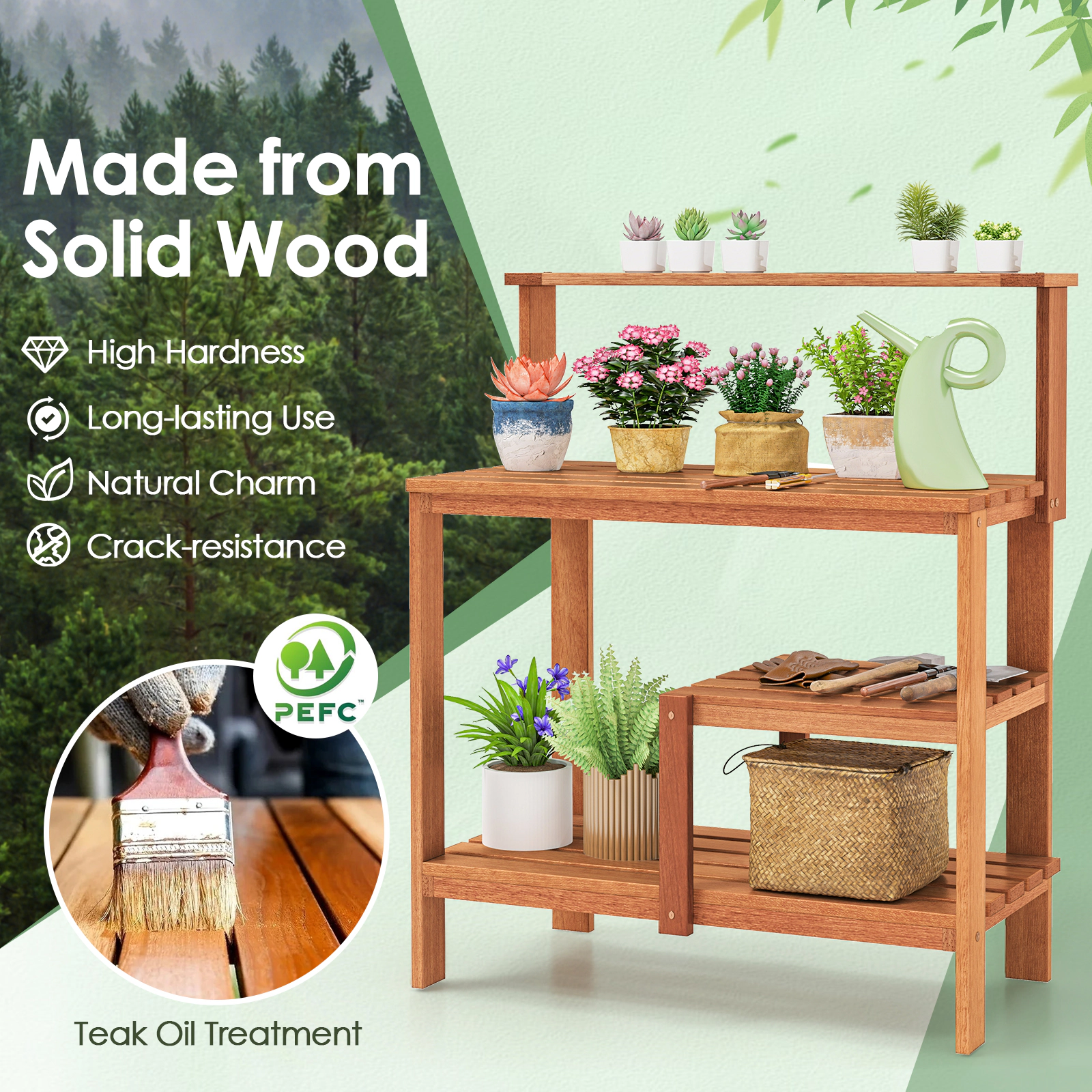 SUGIFT Natural Wood Potting Bench with 2-Tier Open Shelves 35.5-in W 19-in D 43-in H 33-lb Countertop Capacity