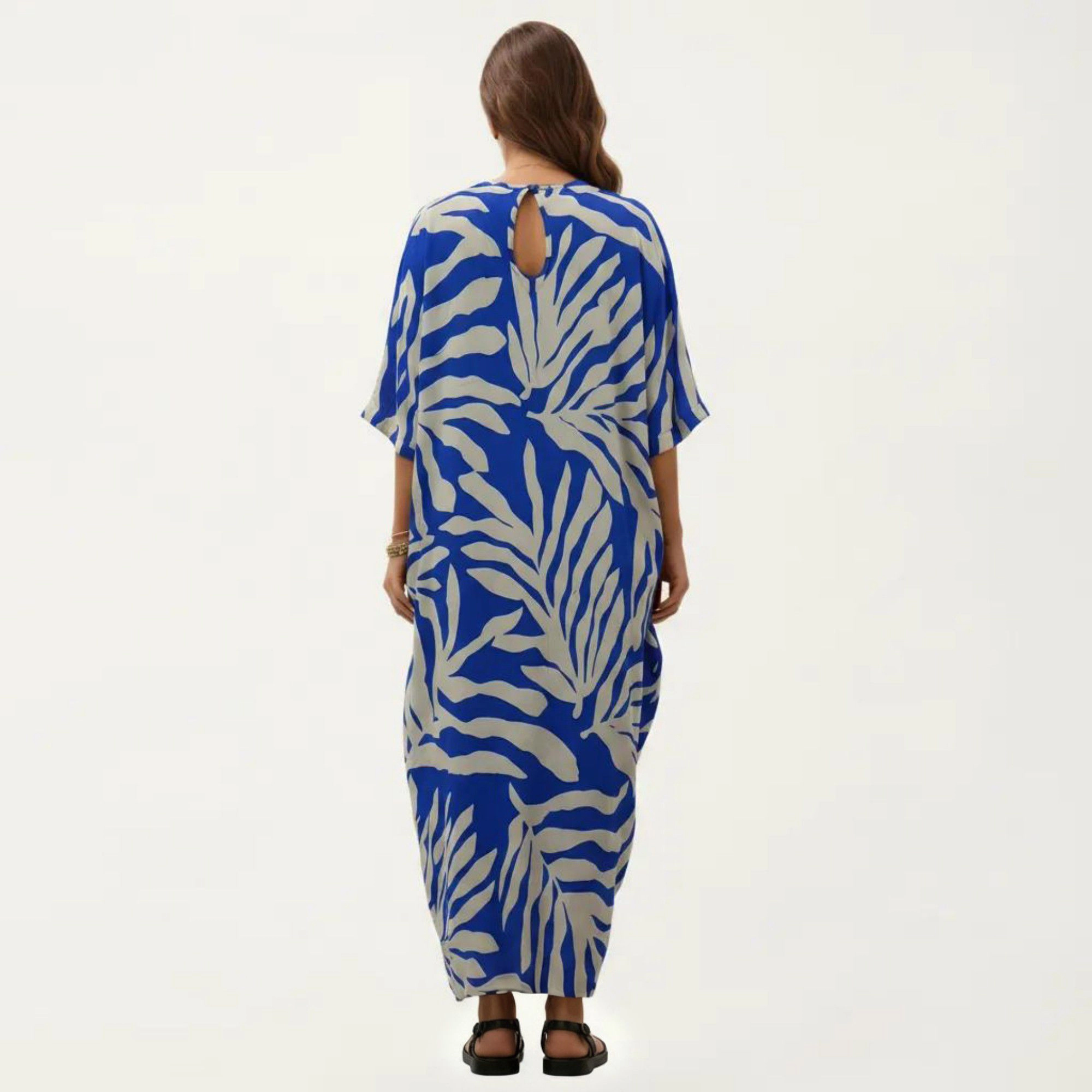 Anna-Kaci Women's Tropical Leaf Print Kaftan Maxi Dress with V-Neckline and Flowy Oversized Silhouette