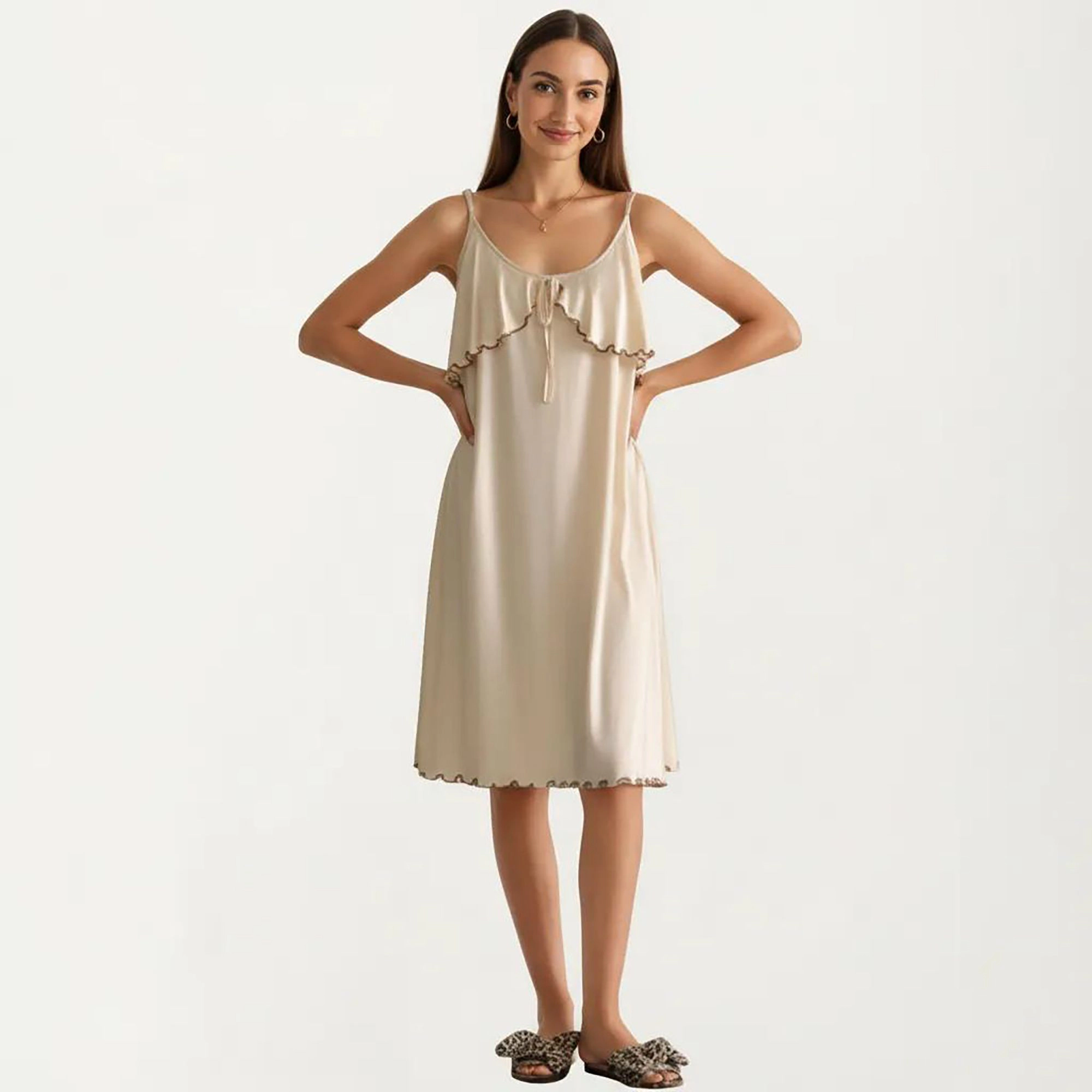 Anna-Kaci Women's Sleeveless Pajama Dress with Straps Tie Front Ruffle Trim Nightgown Relaxed Fit Sleepwear