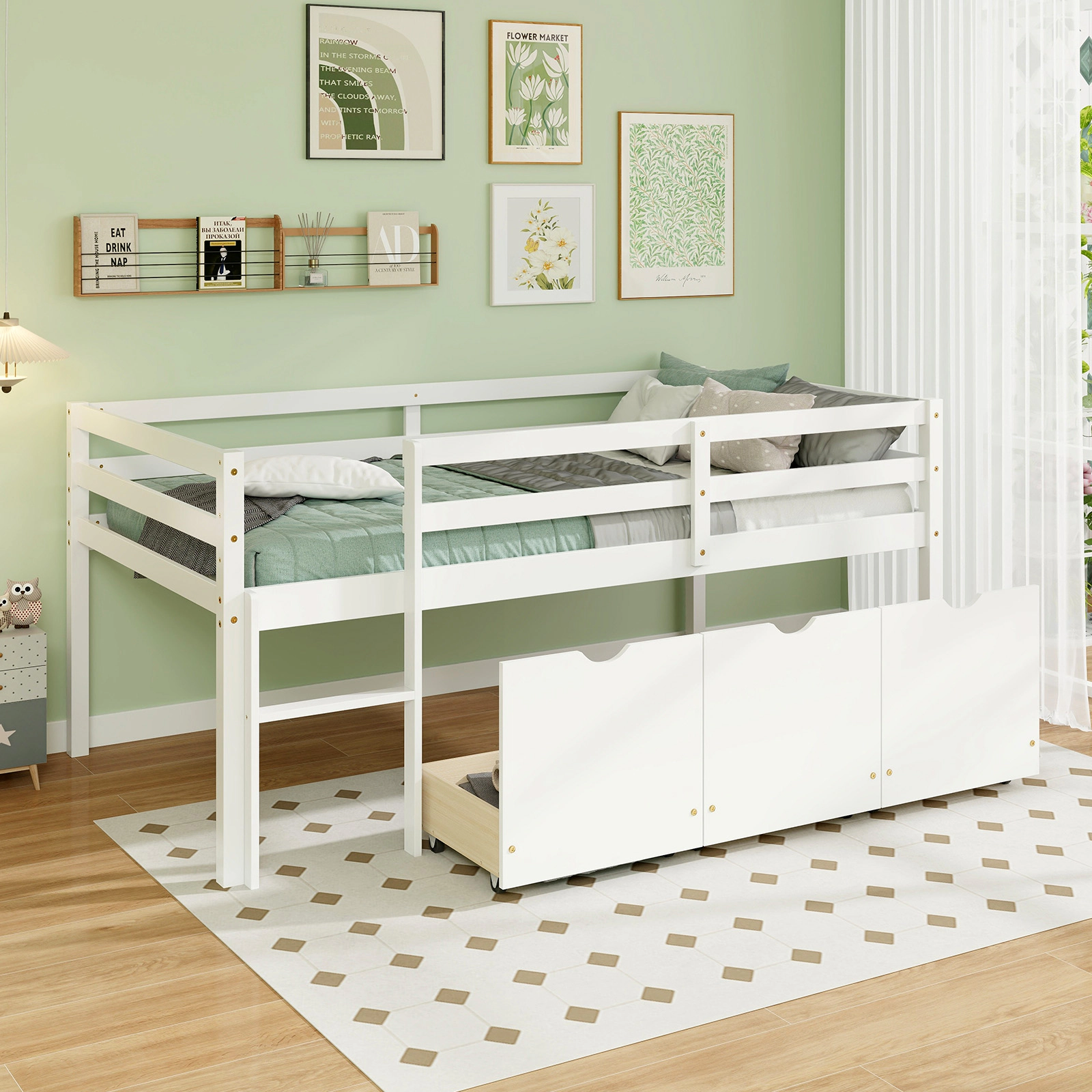 Twin Size Low Loft Bed with 3 Rolling Storage Drawers Solid Pine Wood Kids Bed with Integrated Ladder White