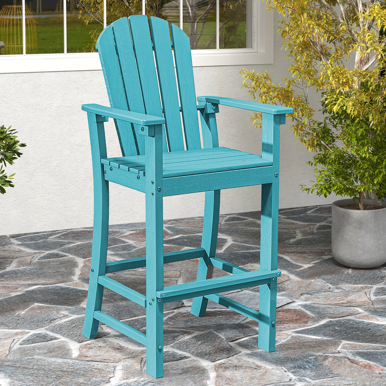 SUGIFT All-Weather Counter Height HDPE Bar Stool with Armrests and Footrest 360-Lb Capacity 30-in Seat Height Turquoise