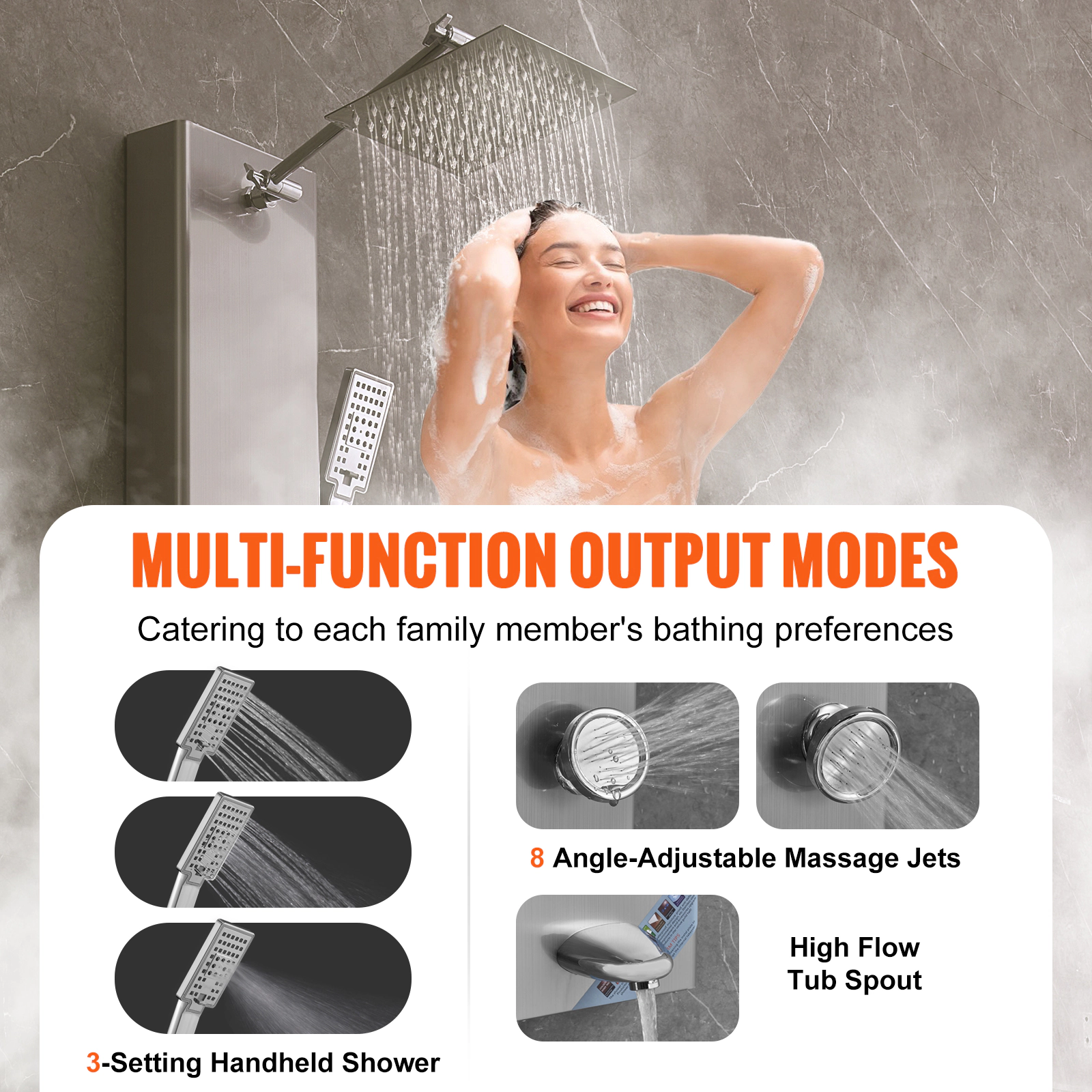 HONGGE Shower Panel Tower System Rainfall Shower Head Stainless Steel Shower Massage System Jets Handheld Tub Spout