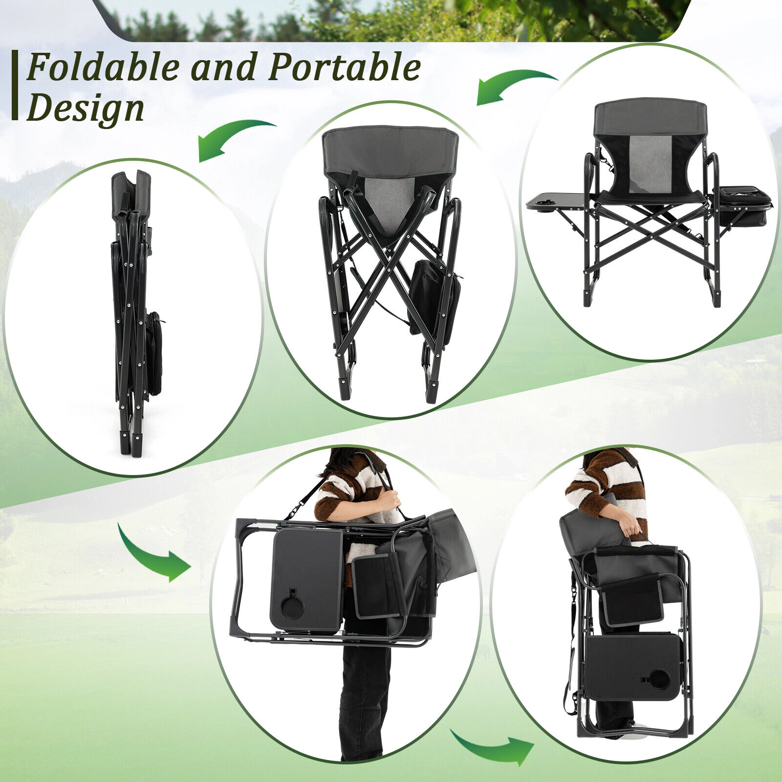 SUGIFT Black Folding Directors Chair with Cooler Bag and Side Table 45-in W 22-in D 39-in H 400-lb Seat Capacity