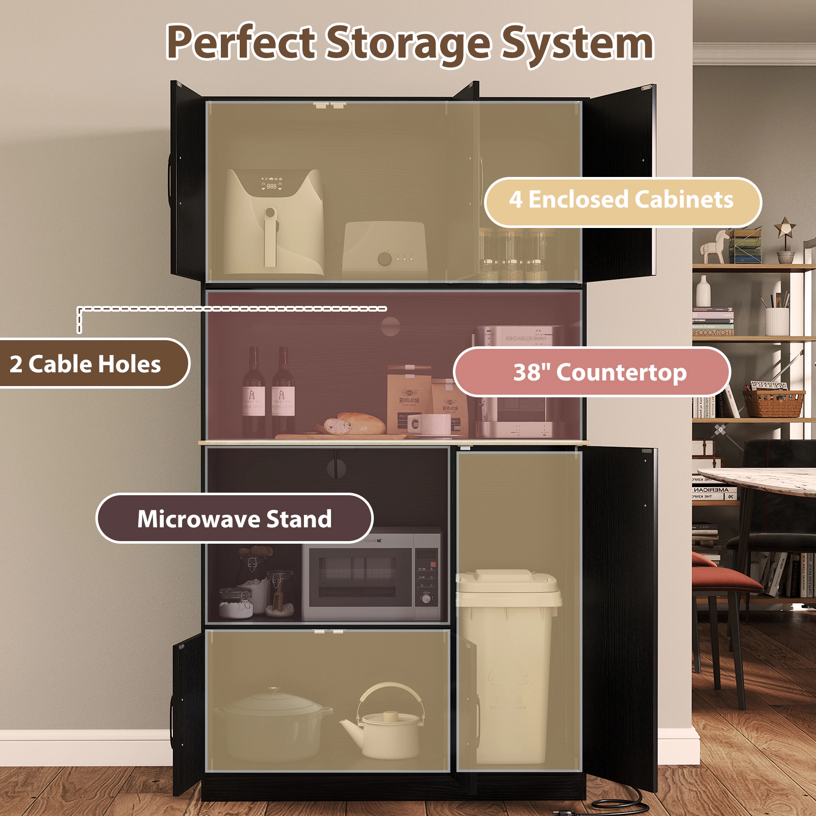 Glintex 71-Inch Pantry Cabinet with Microwave Stand and Charging Station