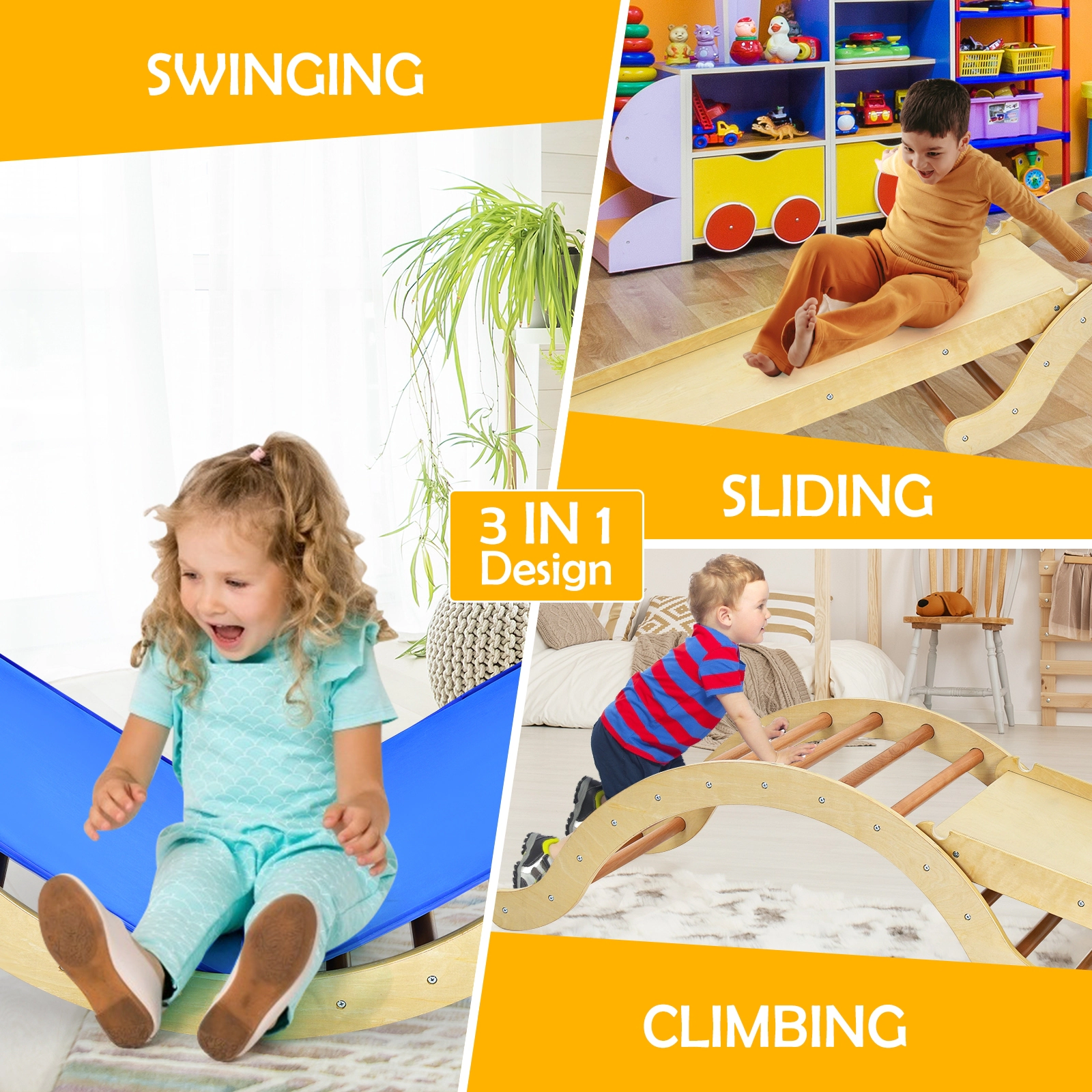 SUGIFT 3-in-1 Wooden Arch Rocker Climber Set with Ramp and Mat 132-lb Capacity Ages 1-8 Yellow/Natural