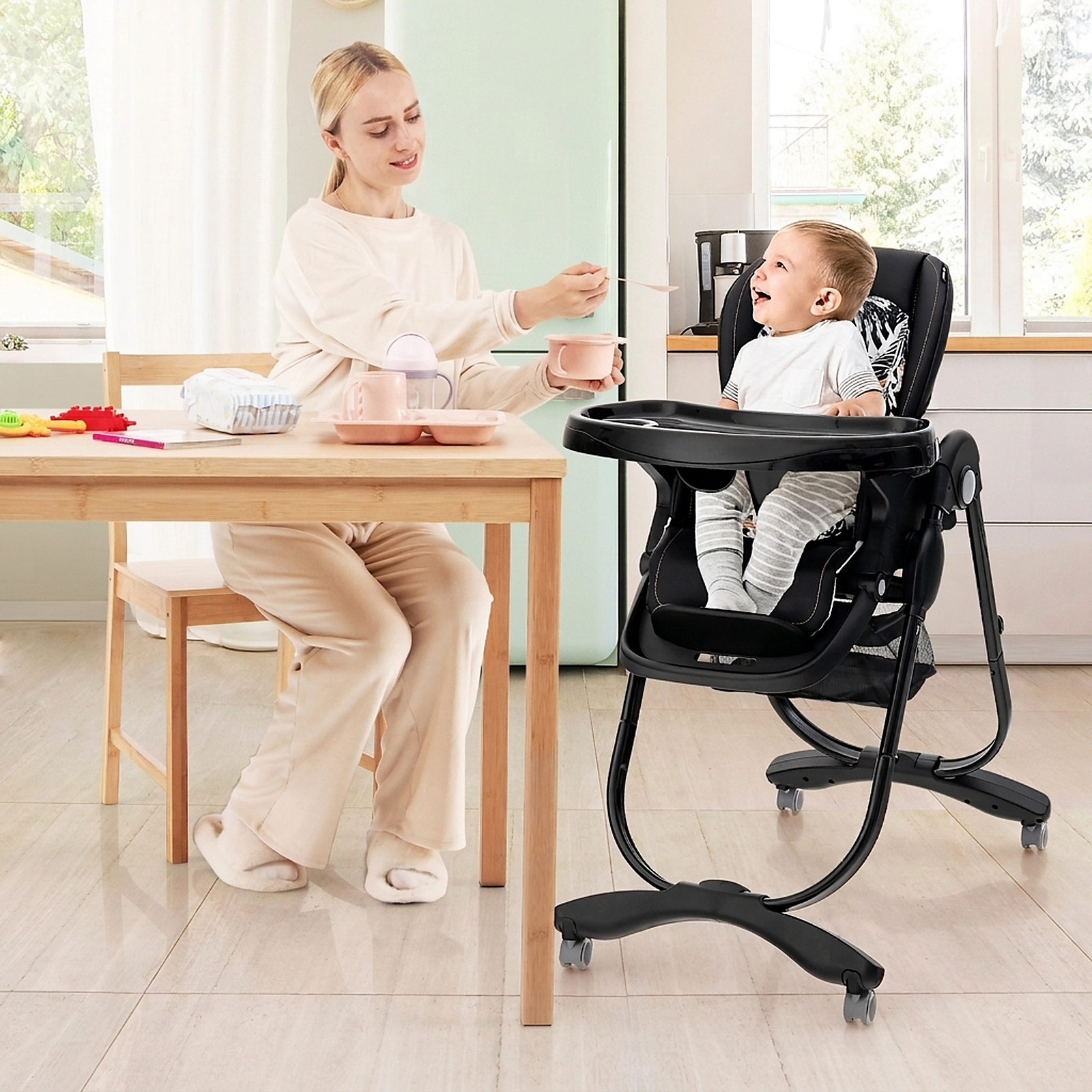 Multifunctional Folding Baby High Chair Lockable Swivel Wheels 7 Adjustable Heights Removable Cup-Slot Tray Black