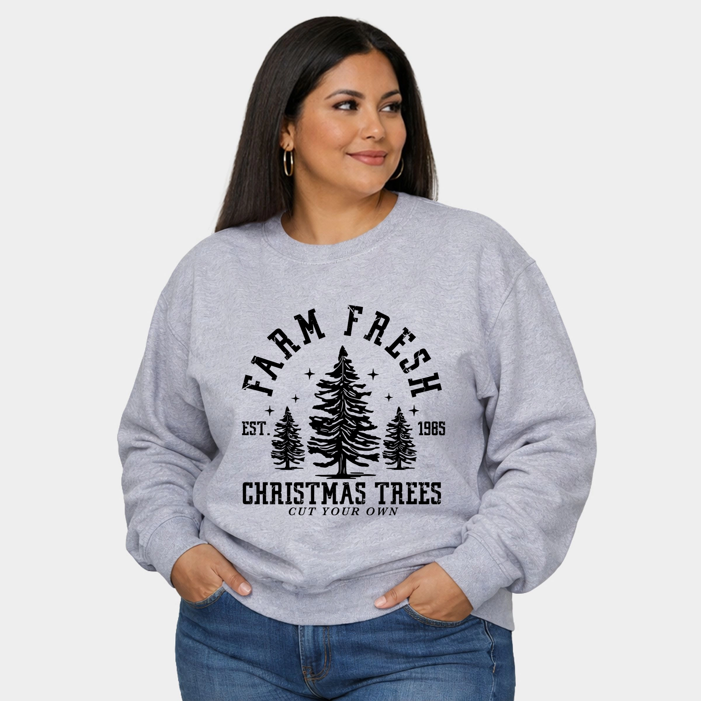 Simply Sage Market - Women's Plus Sweatshirt Farm Fresh Christmas Trees Stars