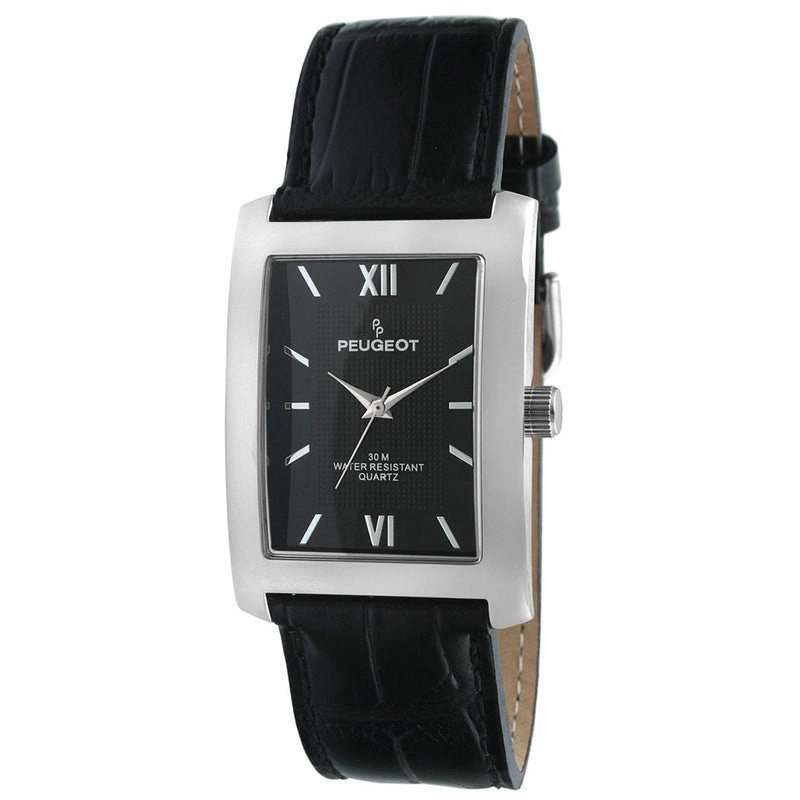 Peugeot Men's 30X40mm Silver Tank Shape Watch with Black Dial and Black Leather Strap