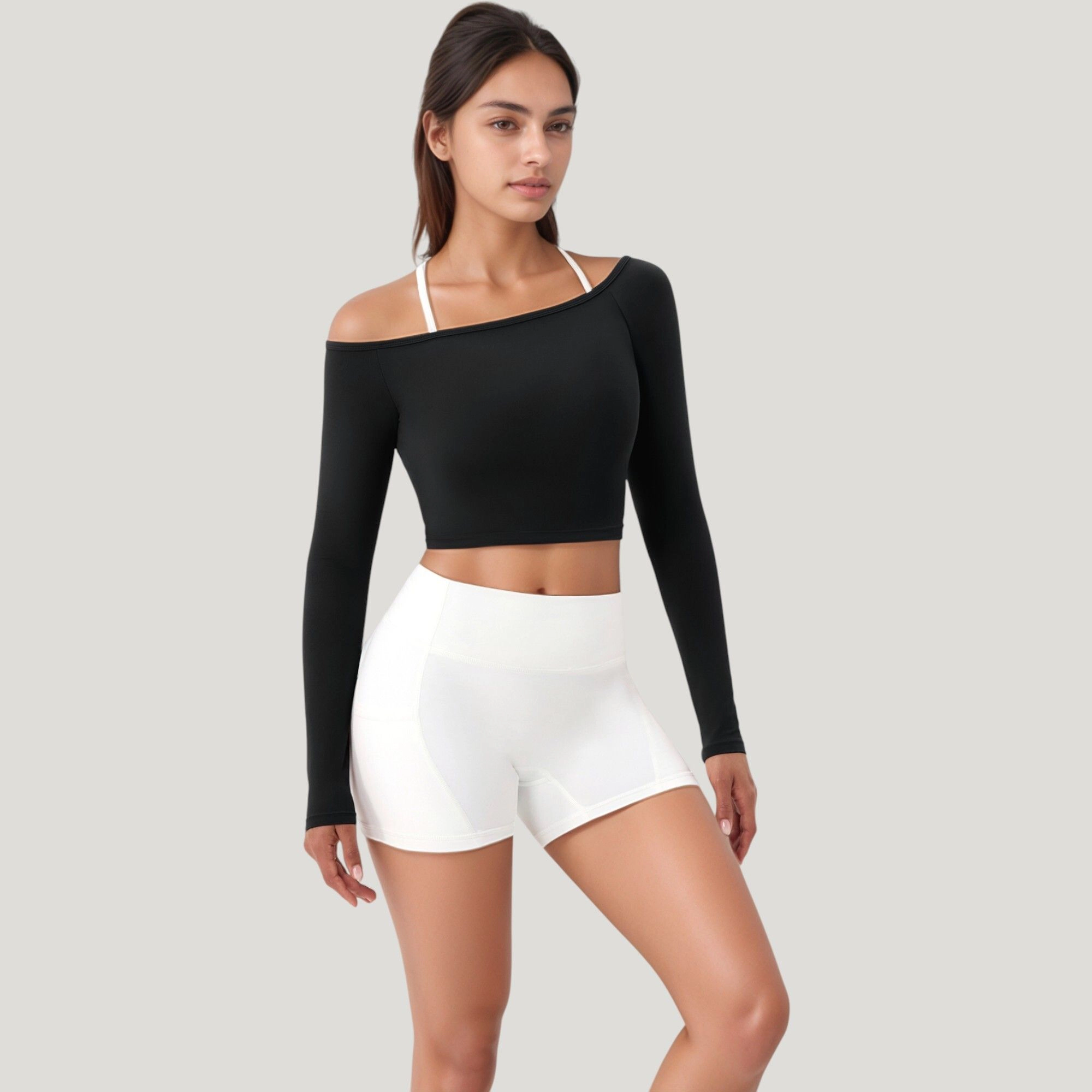 Anna-Kaci Women's Off Shoulder Long Sleeve Activewear Crop Top with Streamlined Fit and Lightweight Stretch Fabric