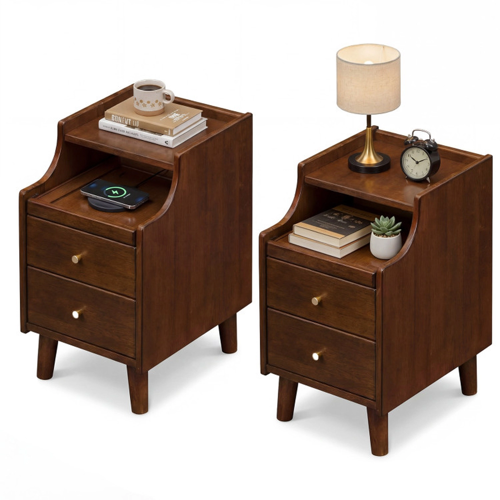SUGIFT Set of 2 Brown Wooden Nightstands, 20-Inch Bedside Tables with Pull-Out Cable Trays and 2 Drawers