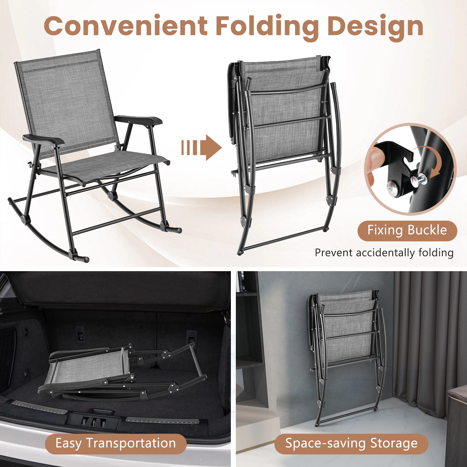 SUGIFT Gray Breathable Seat Fabric Set of 2 Folding Rocking Chairs