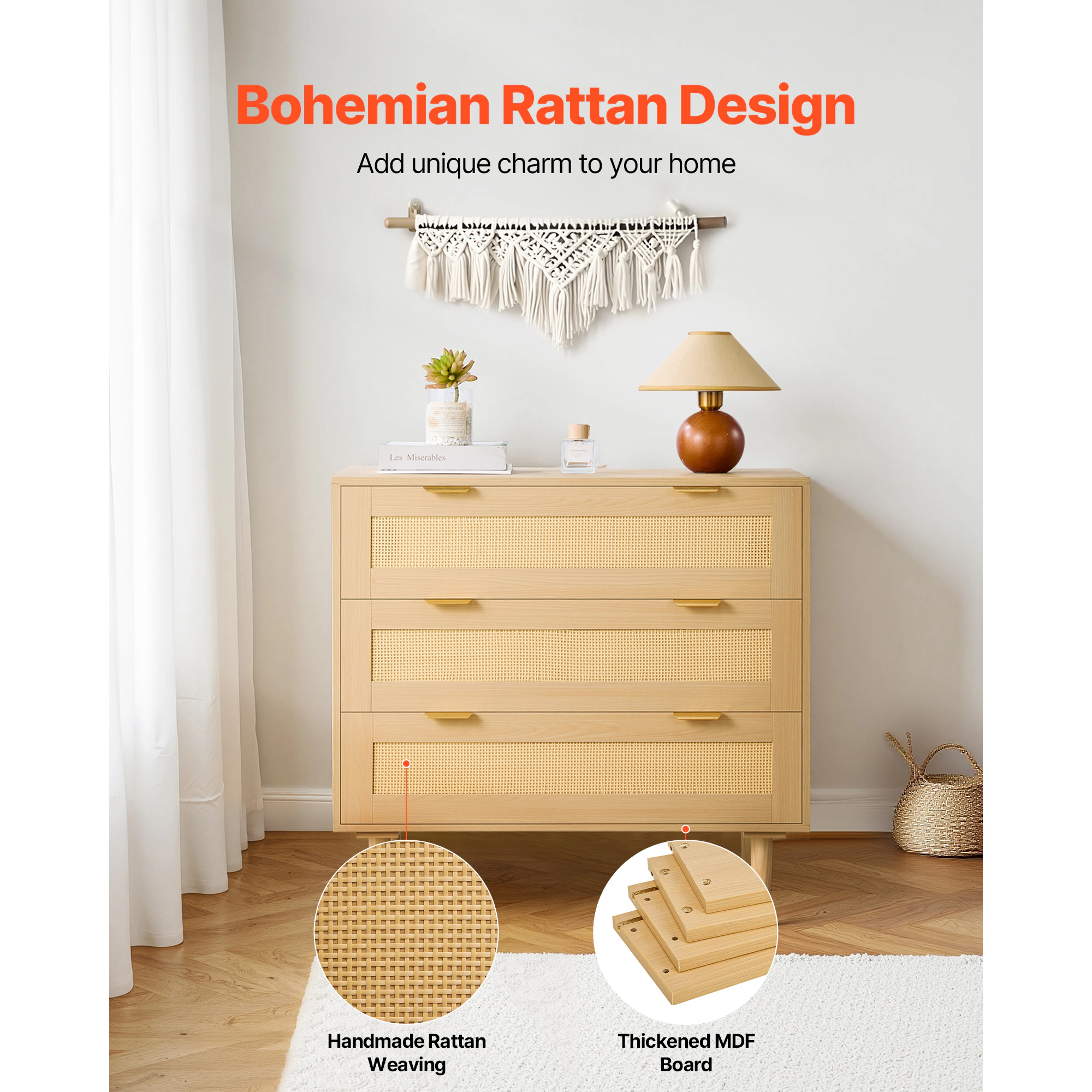 HONGGE Rattan Dresser Modern Closet Dresser for Bedroom Natural Rattan Chest of Drawers with Metal Handles & Wooden
