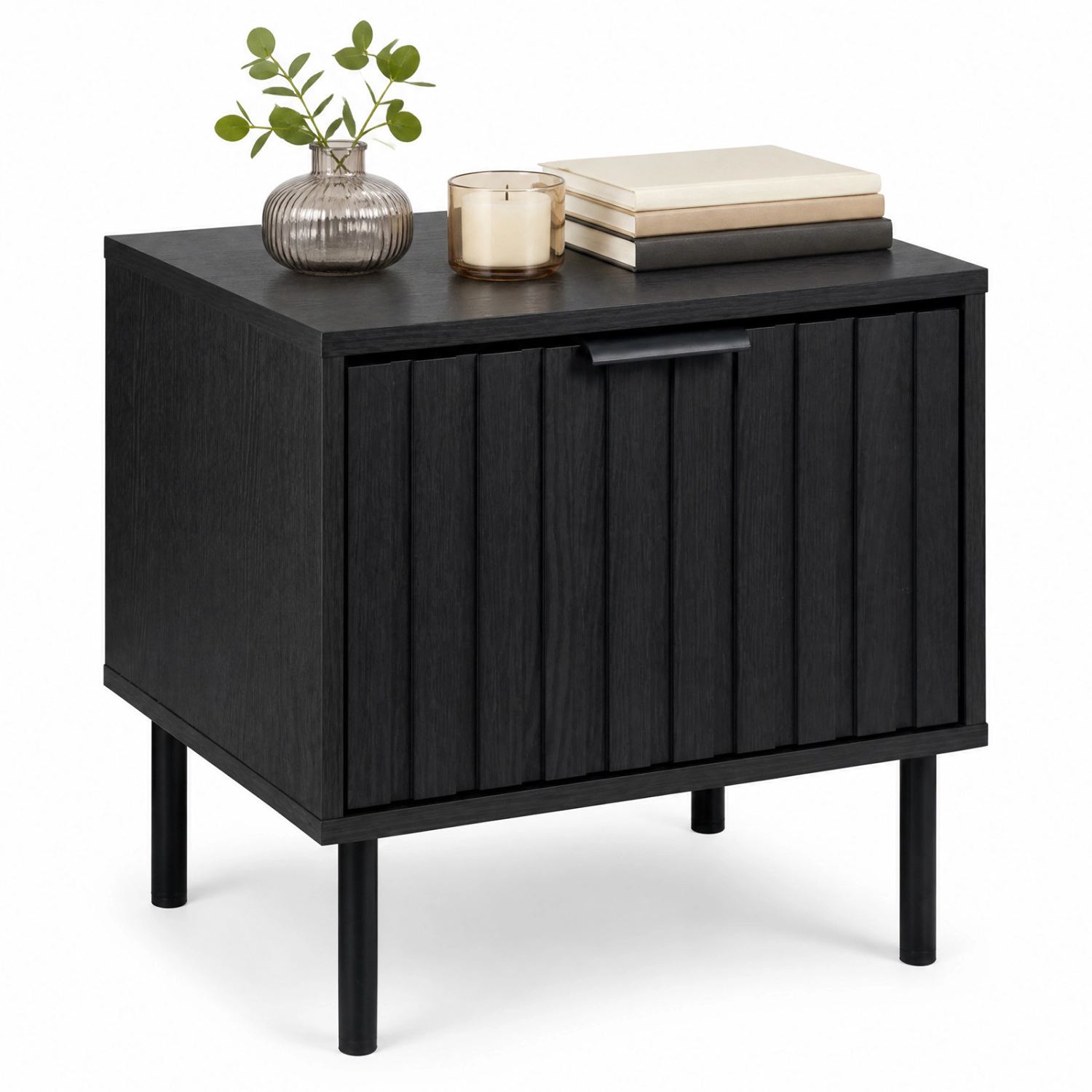 LJG Black Modern Nightstand with Vertical-Striped Storage Drawer