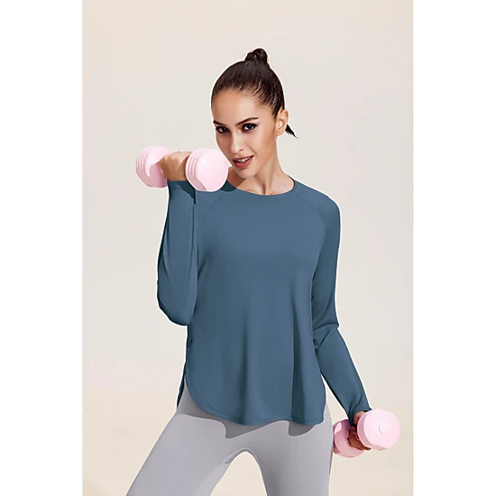 Pinspark Womens Long Sleeve Workout Tops Crew Neck Side Split Loose Casual Tunics