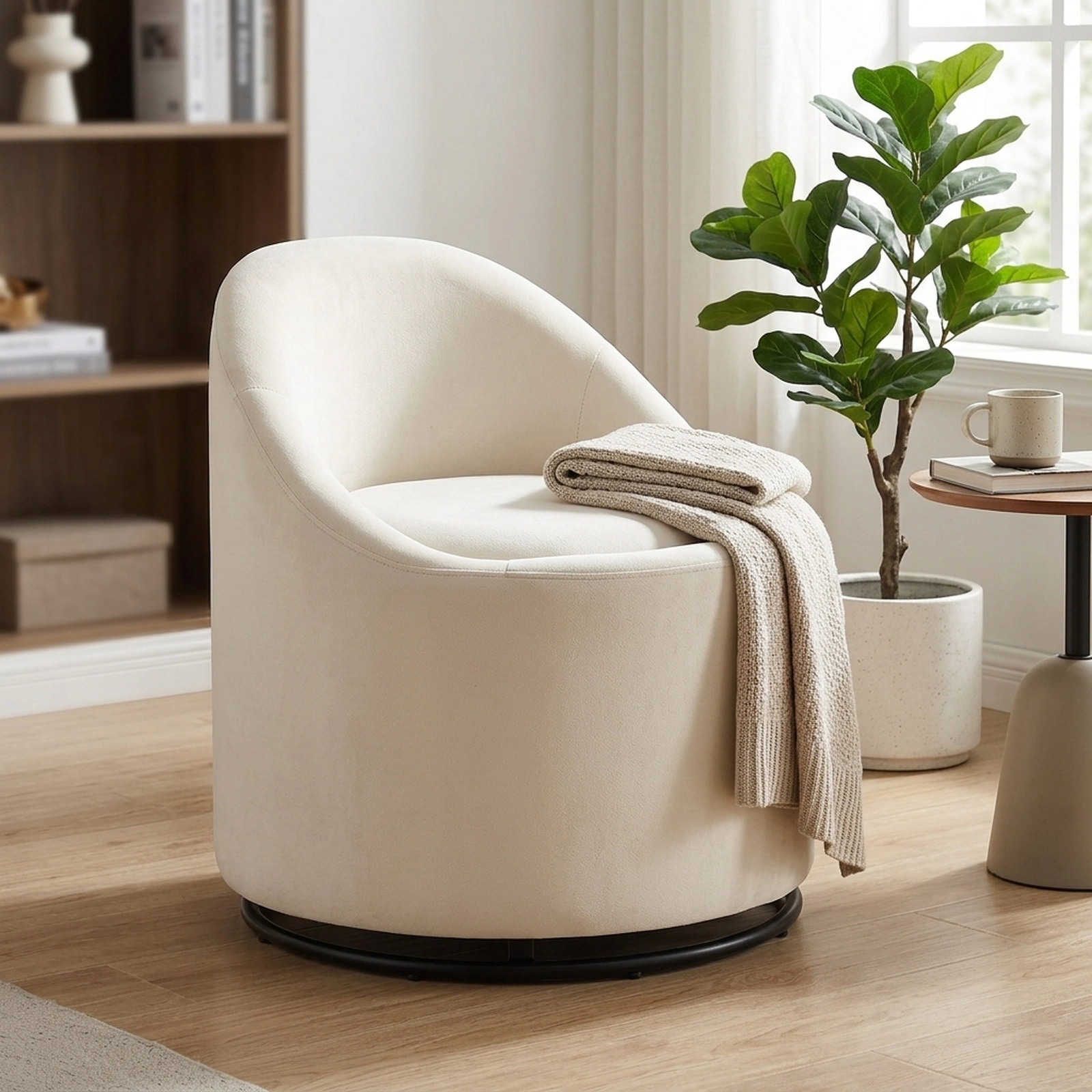 SUGIFT Beige Velvet Barrel Chair with Hidden Storage and 360-Degree Swivel
