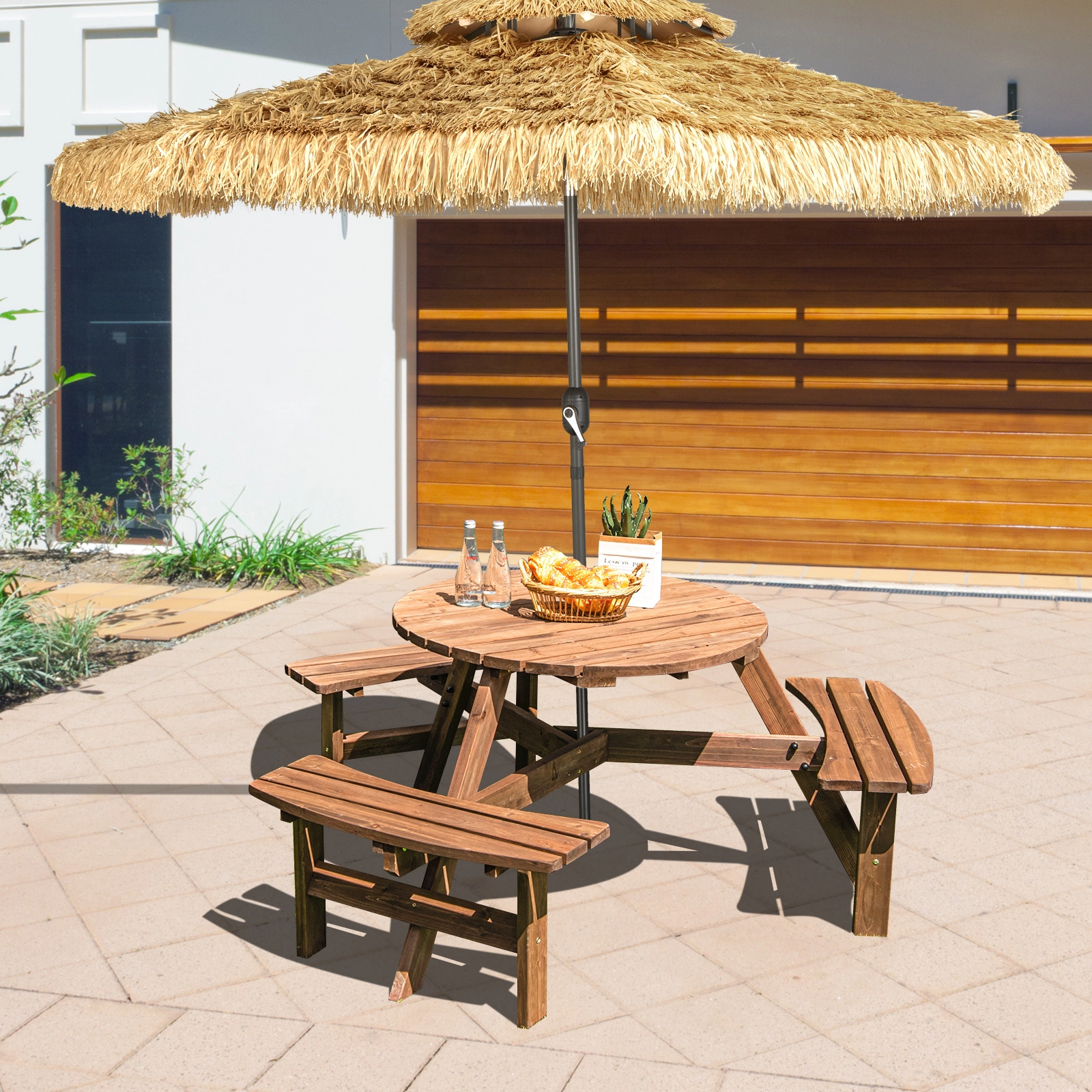 SUGIFT 6-Person Fir Wood Picnic Table Set with Benches and Umbrella Hole 500-Lb Capacity Dark Brown