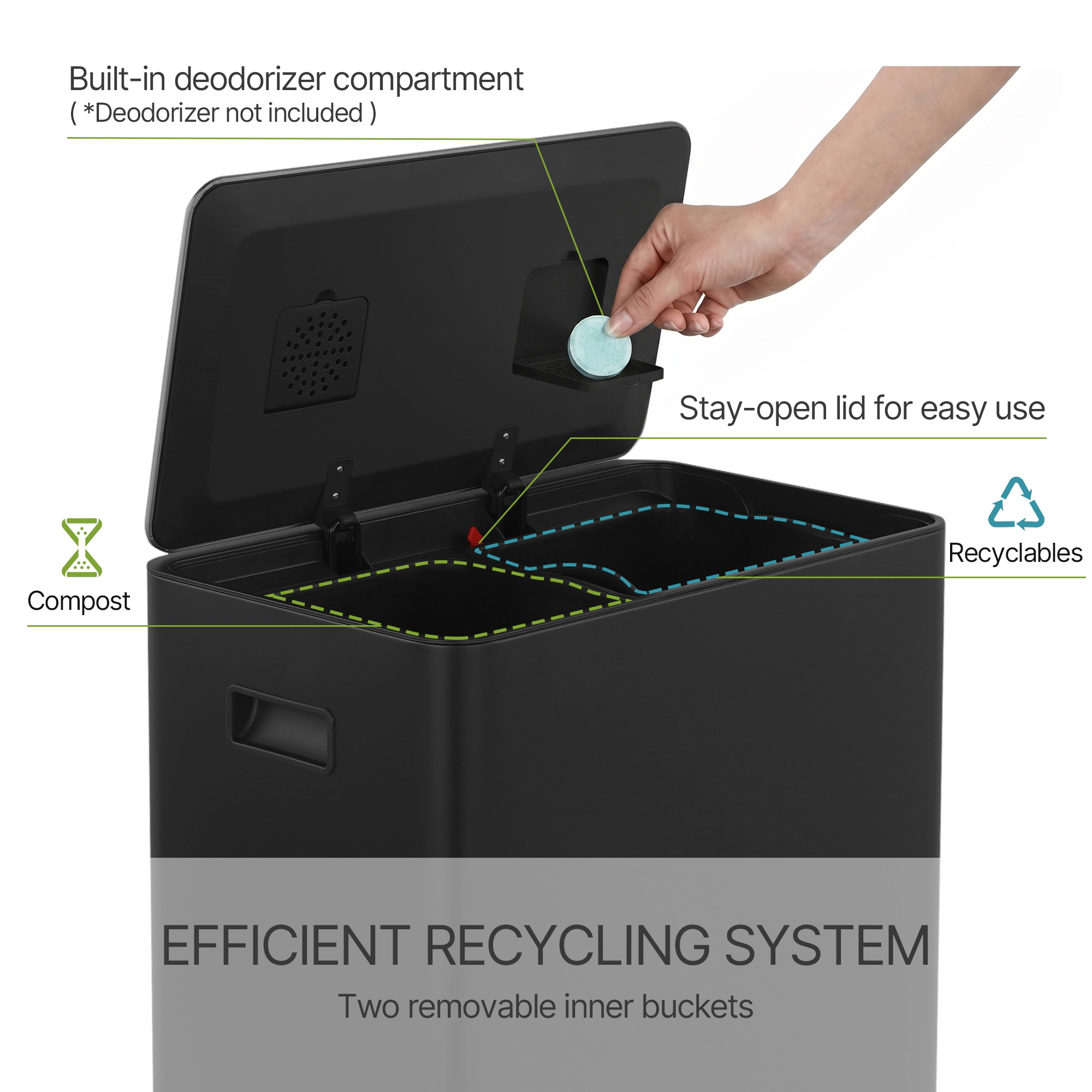 Innovaze Rectangular Stainless Steel Recycle Step-on Trash Can with Dual 30 liter + 30 liter Compartments