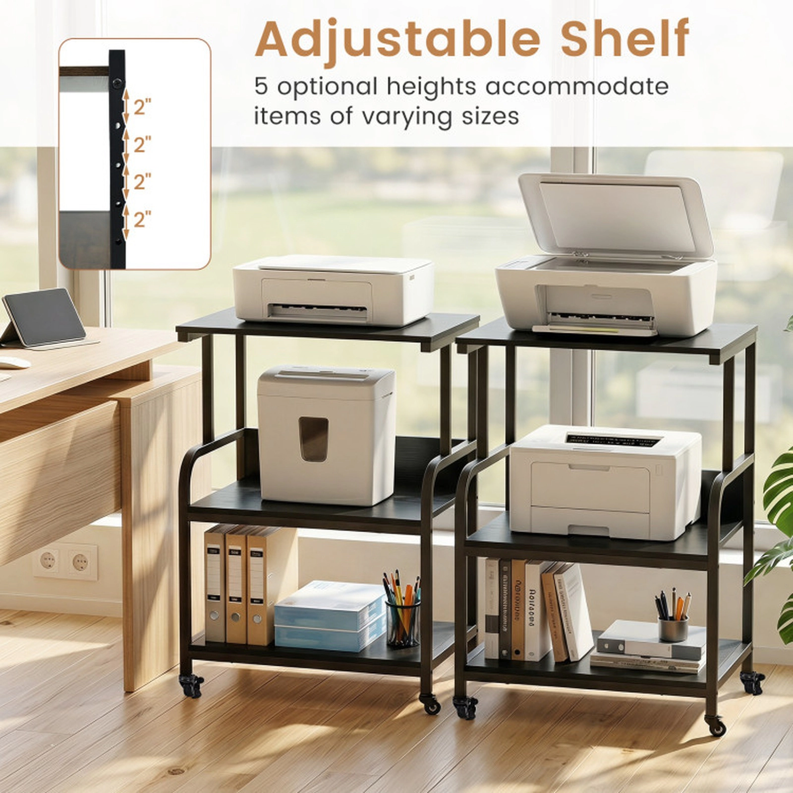 SUGIFT 21.5-in 3-Tier 44-lb Shelf Capacity Rolling Printer Stand with 5-Height Adjustable Shelf and Lockable Wheels