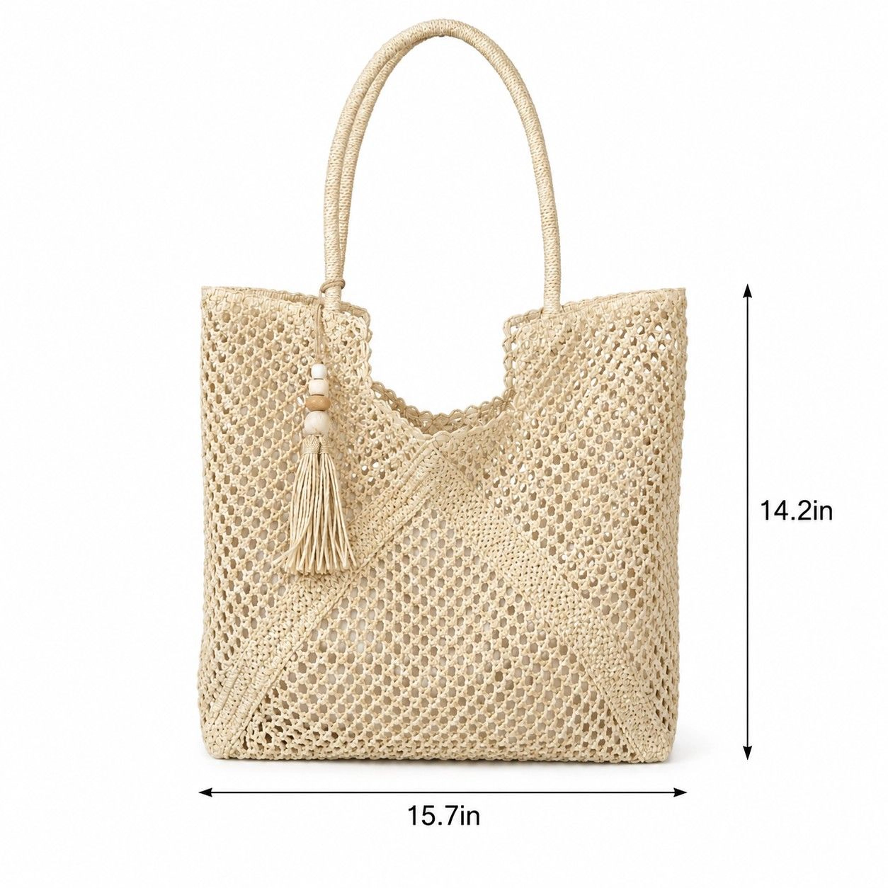 Alilang Women's Open Weave Beach Tote Bag with Zip Closure Rope Handles and Tassel Accent, Beige