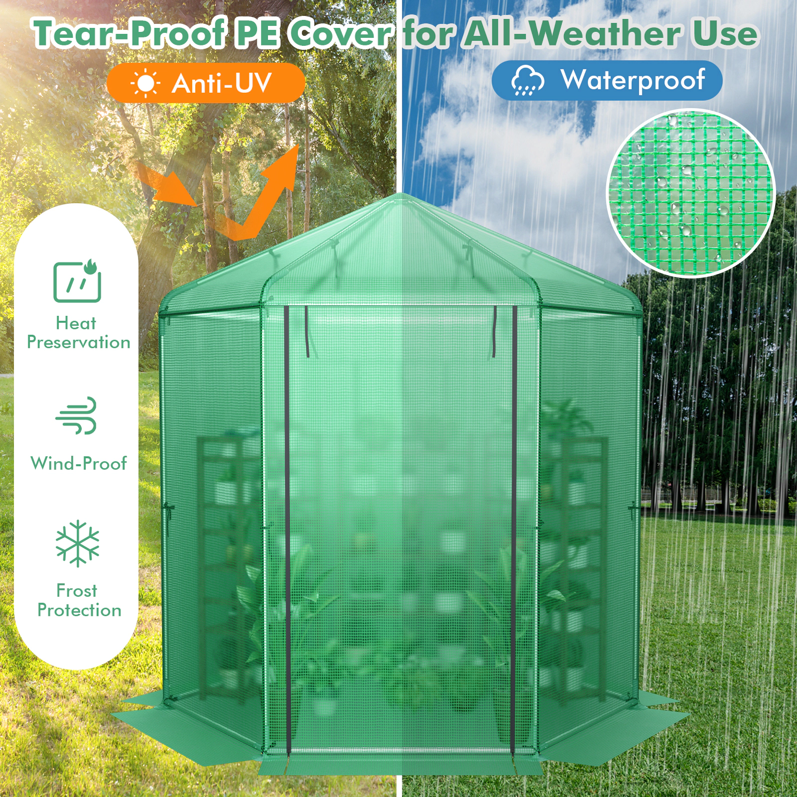 SUGIFT Walk-In Hexagonal Greenhouse Green 85 x 72 x 90 in with PE Cover and Metal Frame