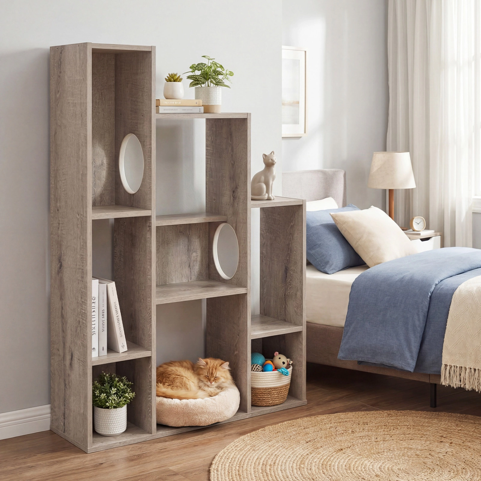 SUGIFT 46-in Gray Oak Modern Cat Tree Bookshelf with 8-Section Cabinet 2 Cat Holes and Wall Anchor