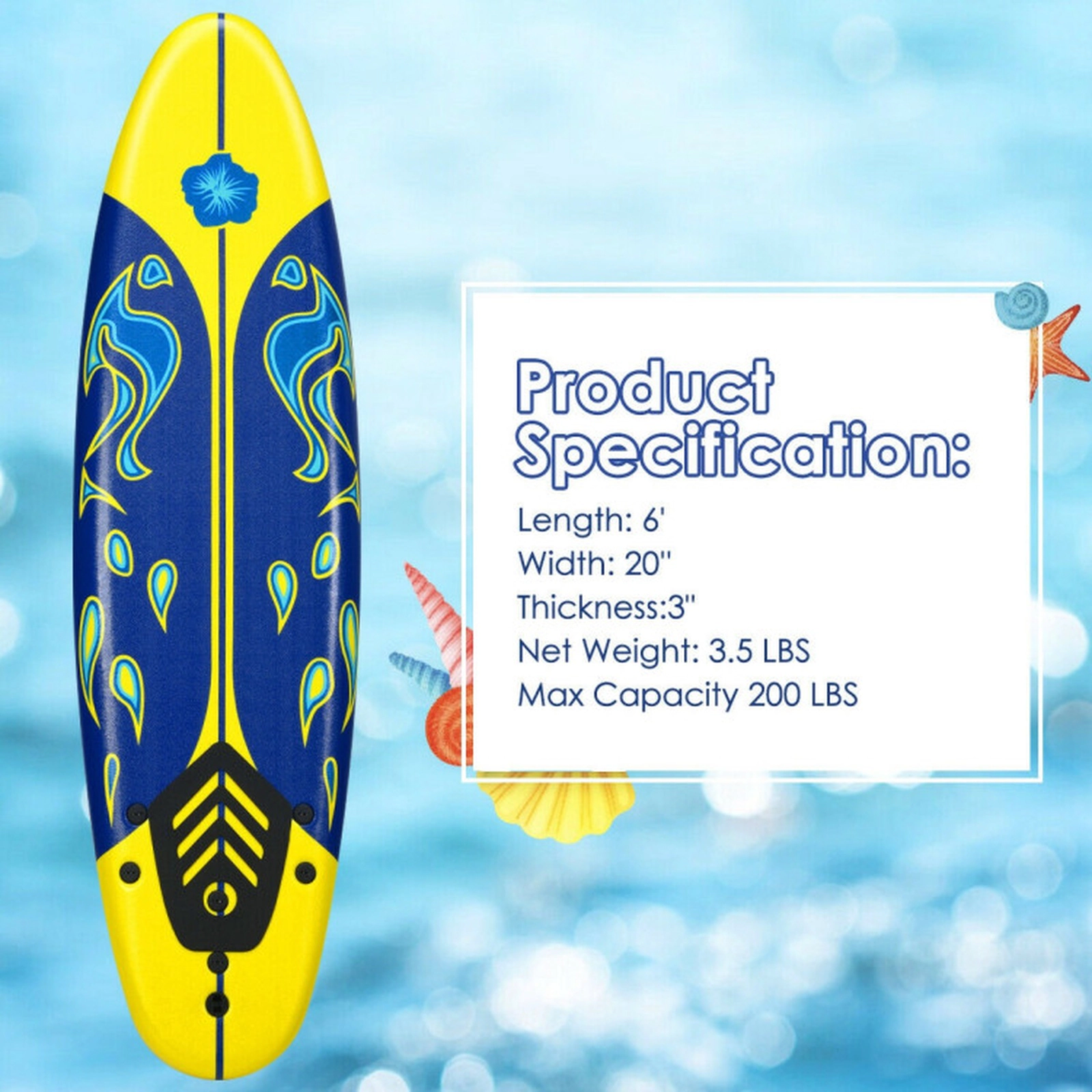 SUGIFT 6-Foot Foam Surfboard Water Toy with 3 Detachable Fins 200-lb Capacity Red/Yellow/White