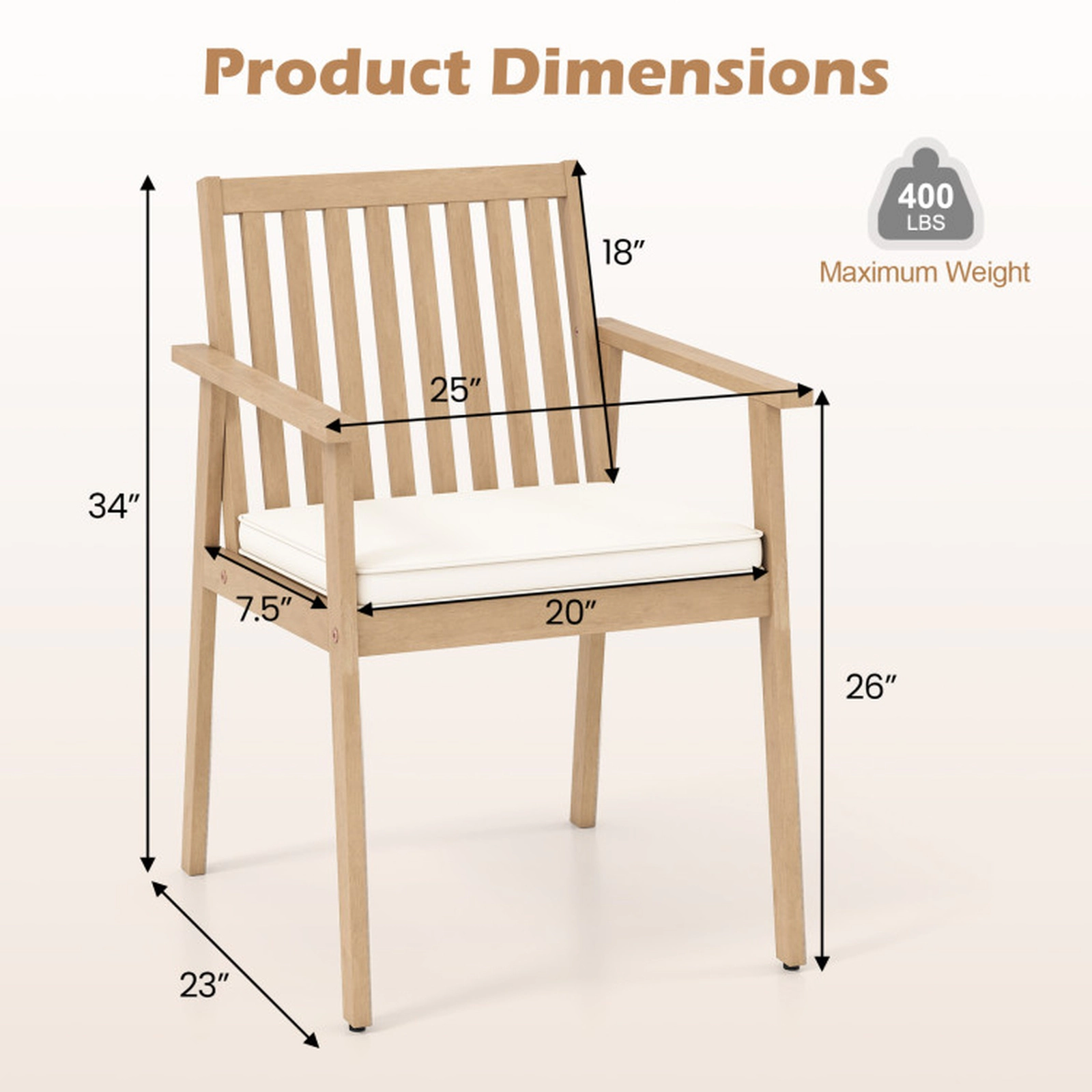 SUGIFT Set of 2 Natural Acacia Wood Outdoor Patio Dining Armchairs with Removable Padded Cushions