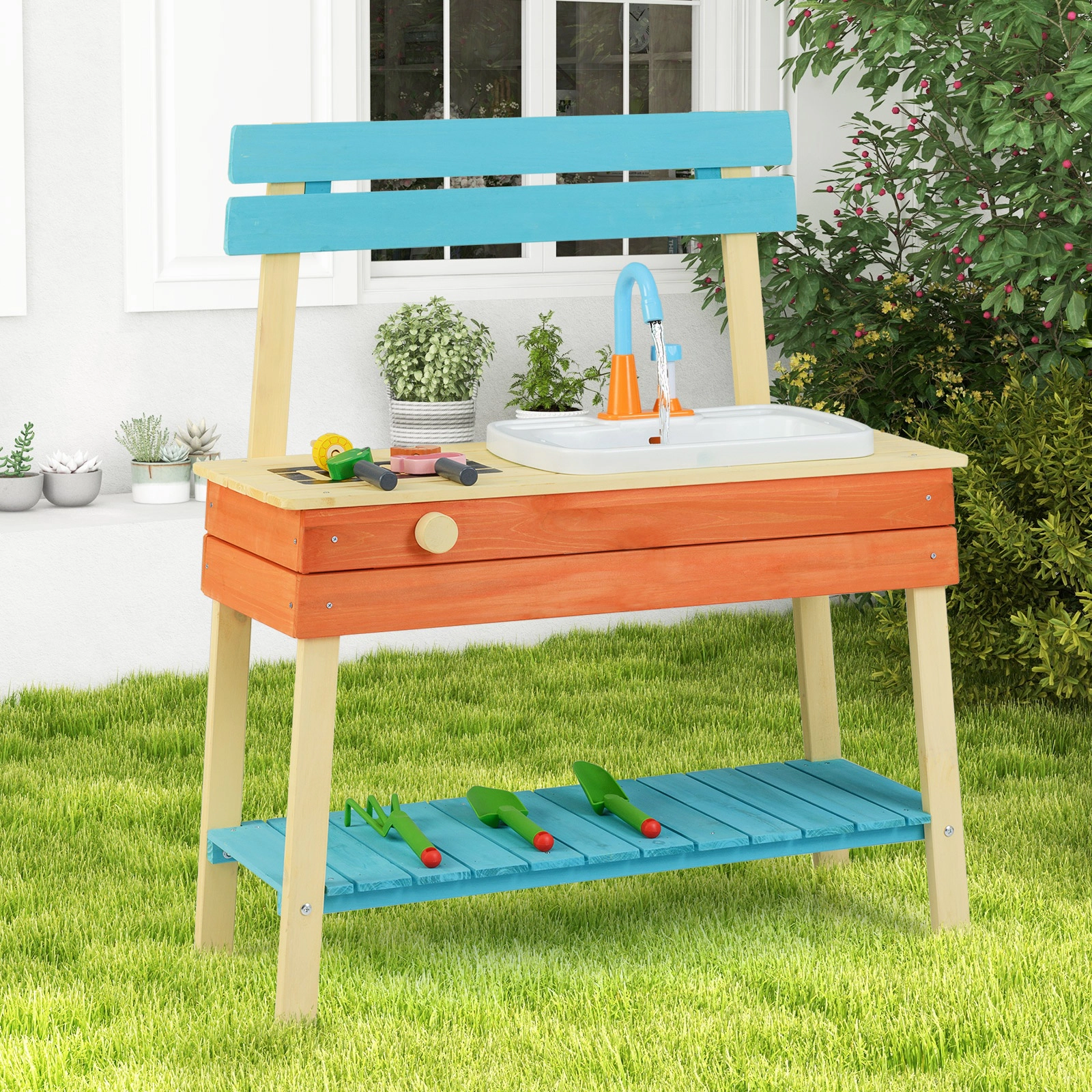 SUGIFT Wooden Mud Play Kitchen Set with Grill Rack Sink and Gardening Tools Ages 3-8 Multi-Color