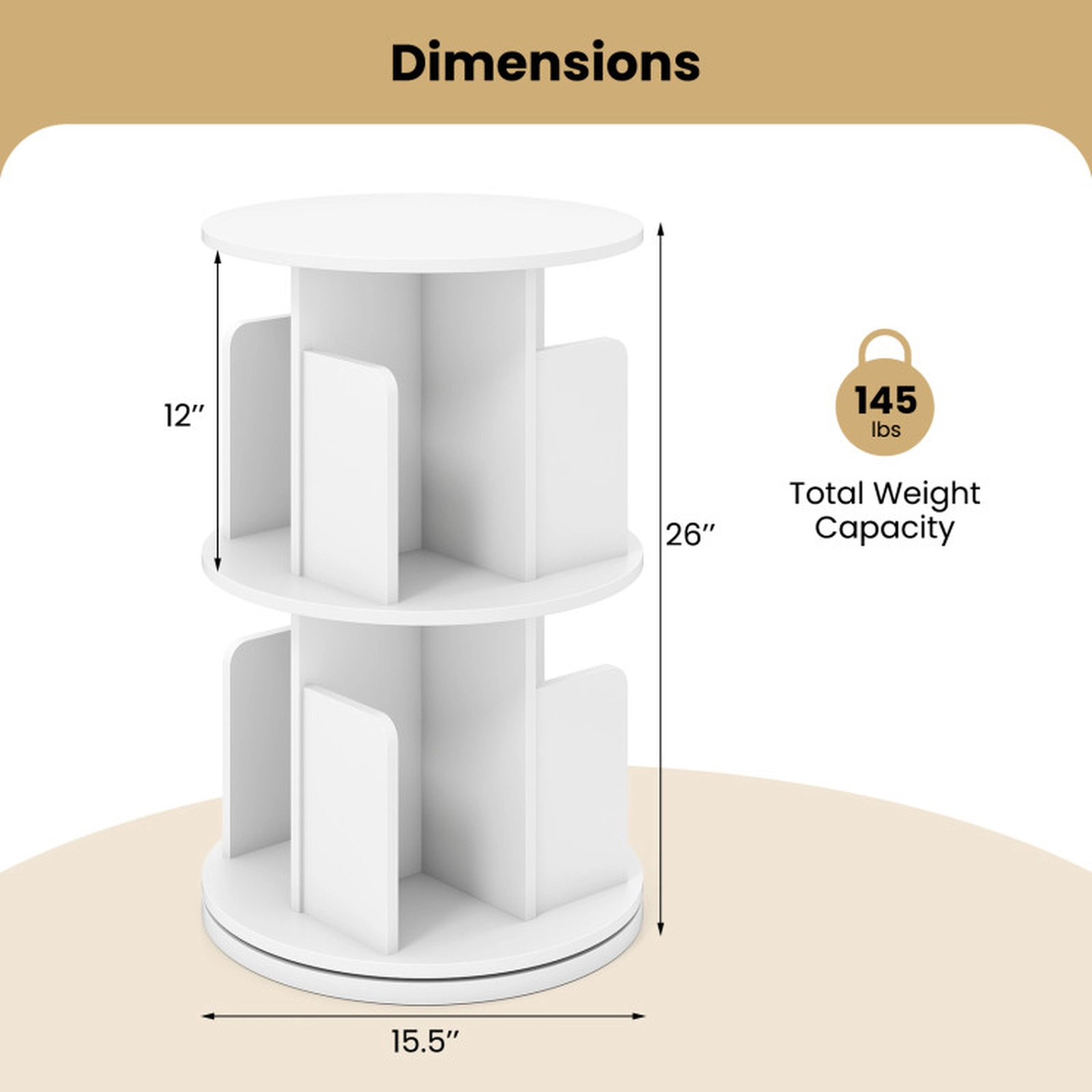 SUGIFT 2-Tier 145-lb Capacity White 26-in Rotating Spinning Bookshelf with Dividers Anti-Falling Baffles