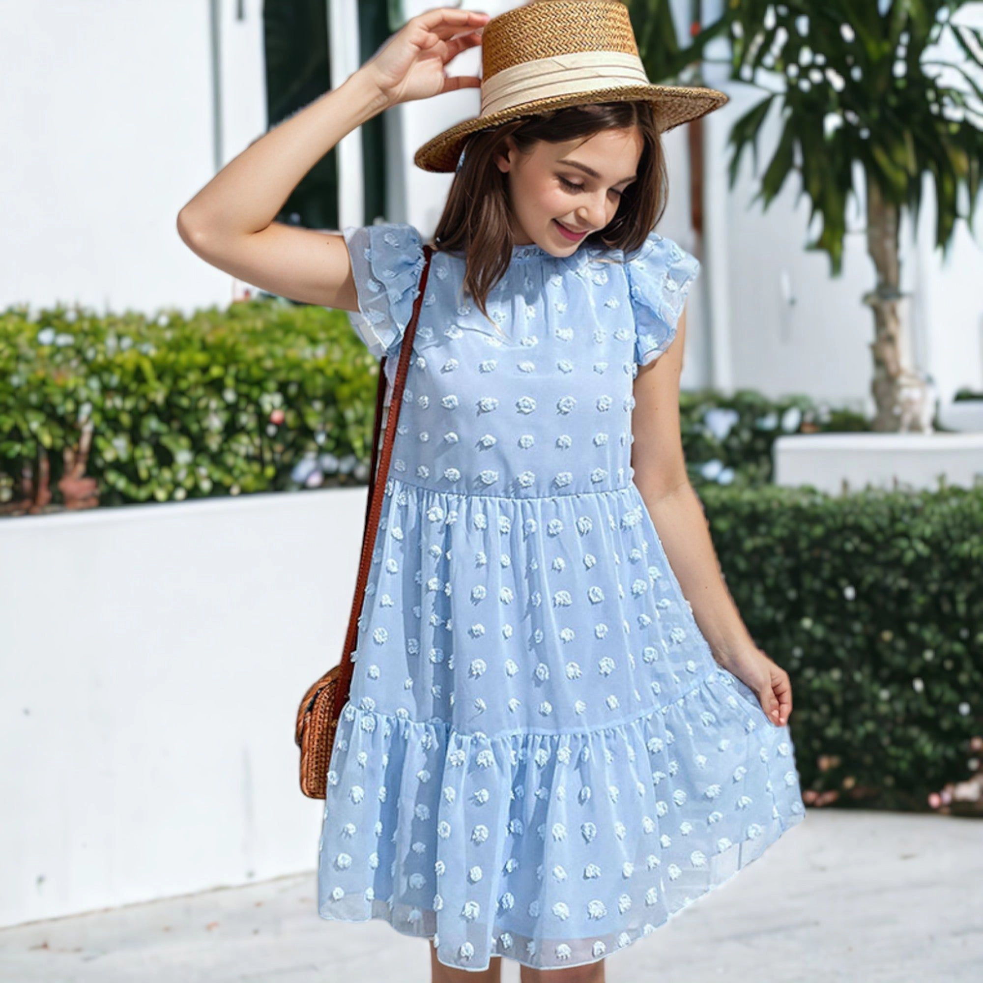 Anna-Kaci Women's Summer Swiss Dot High Neck Short Sleeve Ruffle Loose Dress