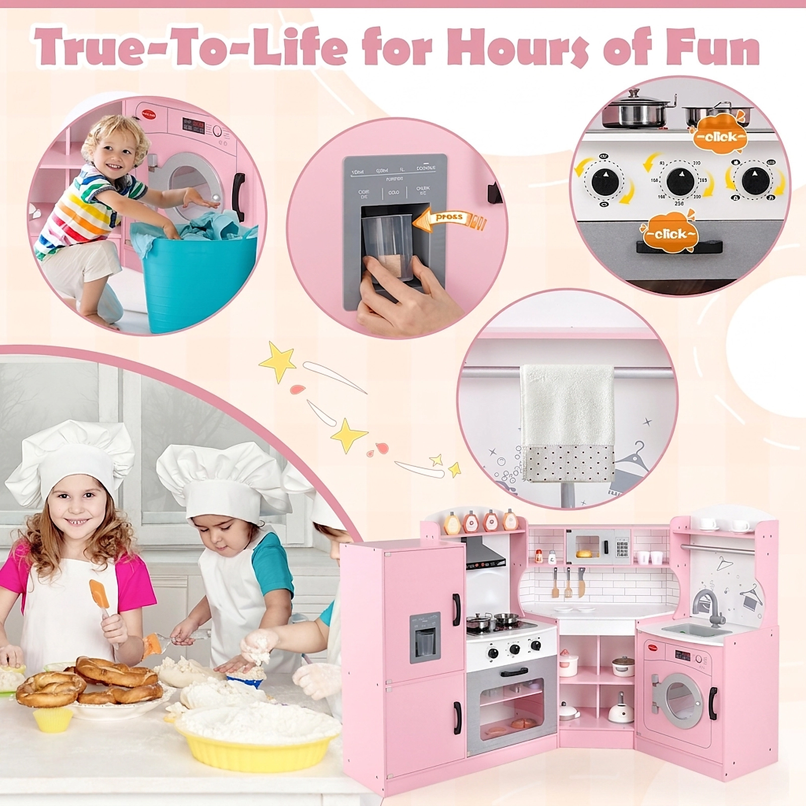 Corner Kids Play Kitchen with Washing Machine Ice Maker Towel Rack and Dual Counter Heights for Ages 3-10 Pink