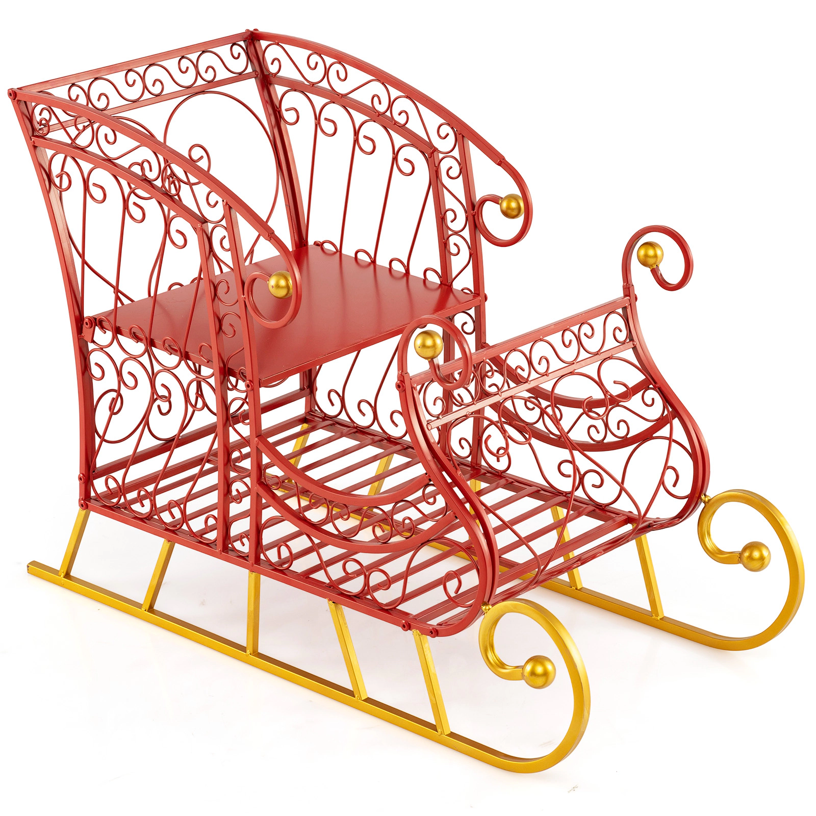 SUGIFT Red and Gold 2-Tier 33.5-in Metal Christmas Santa Sleigh Basket for Gift and Ornament Storage