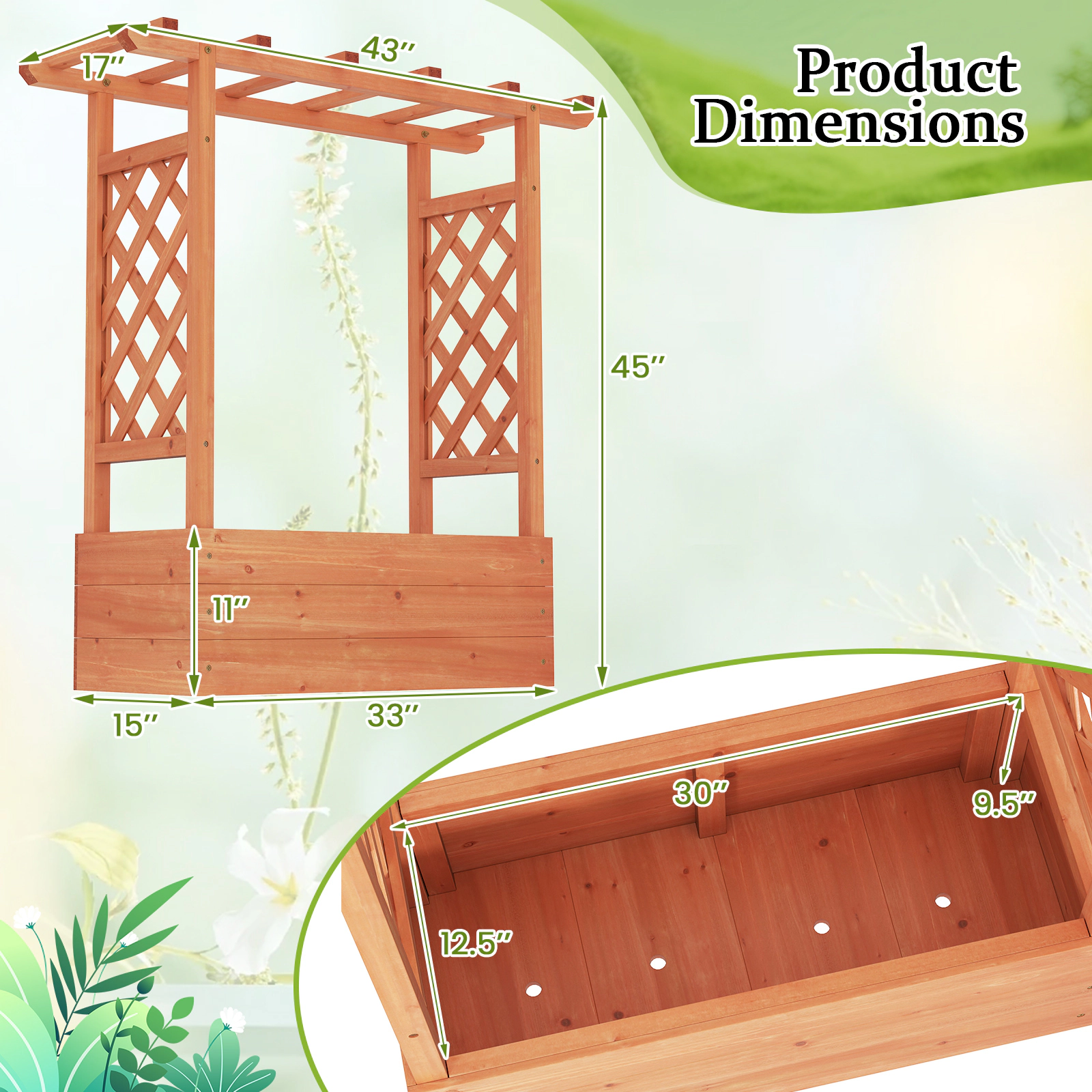 SlickBlue Outdoor Wooden Planter Box with Side Trellises for Climbing Plants