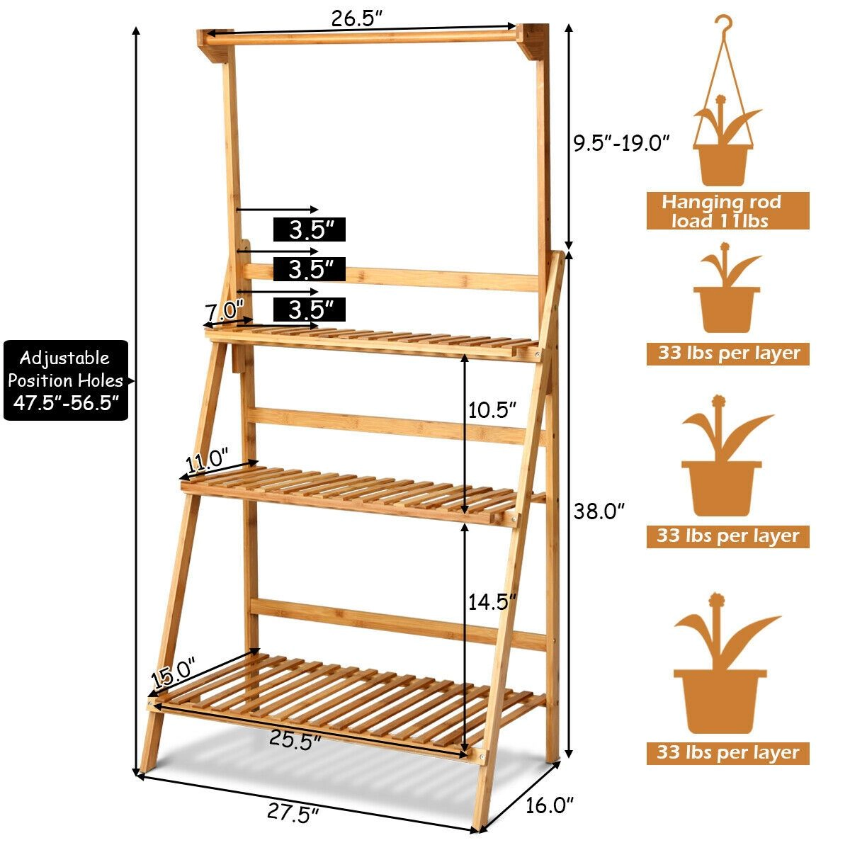 SlickBlue Unisex 3-Tier Indoor Outdoor Plant Stand with Hanging Rod