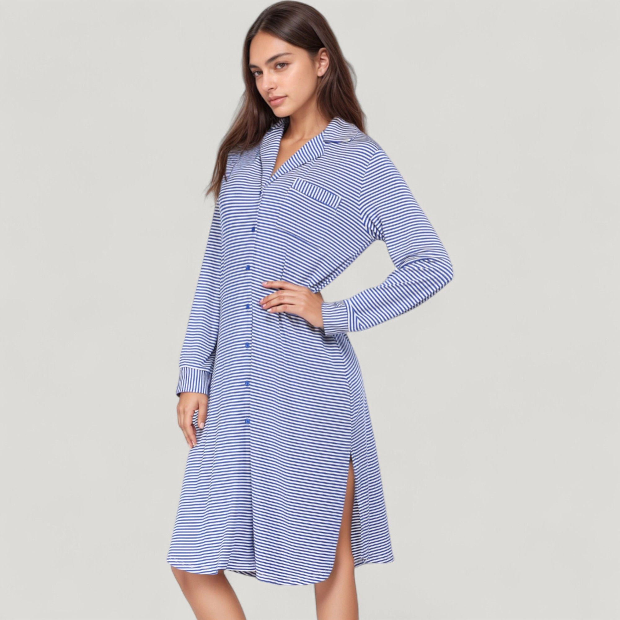 Anna-Kaci Women's Woven Stripe Long Sleeve Button Down Sleep Shirt with Lapel Collar and Curved Hem