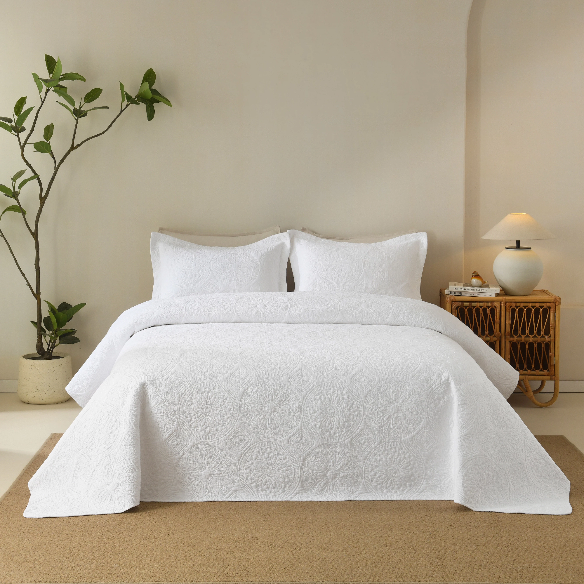 MarCielo 3 Pieces Cotton White MedallionQuilt Bedspread Set-Vintage Farmhouse Bed Cover