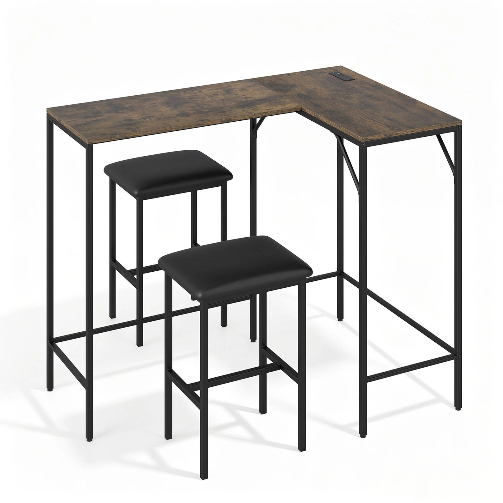 SUGIFT 3-Piece Black Industrial Counter-Height Dining Set with AC, USB and Type-C Ports