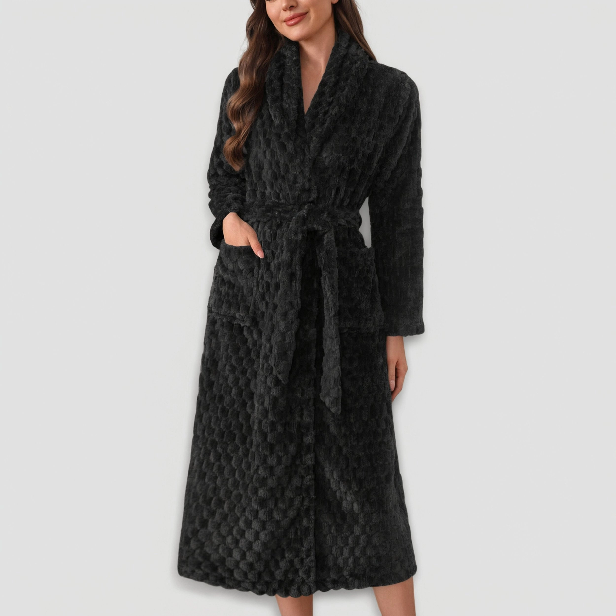 Ekouaer Womens Robe Long Plush Soft Bathrobe Jacquard Robes Shawl Collar Sleepwear with Pockets
