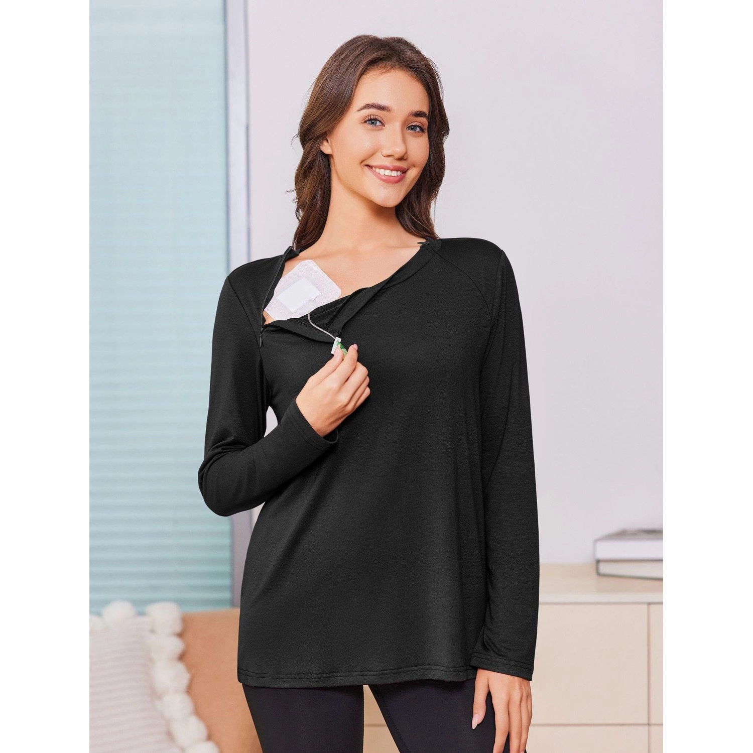 Pinspark Womens Solid Long Sleeve Blouses Fall Fold Down Neckline Post Surgery Tunics