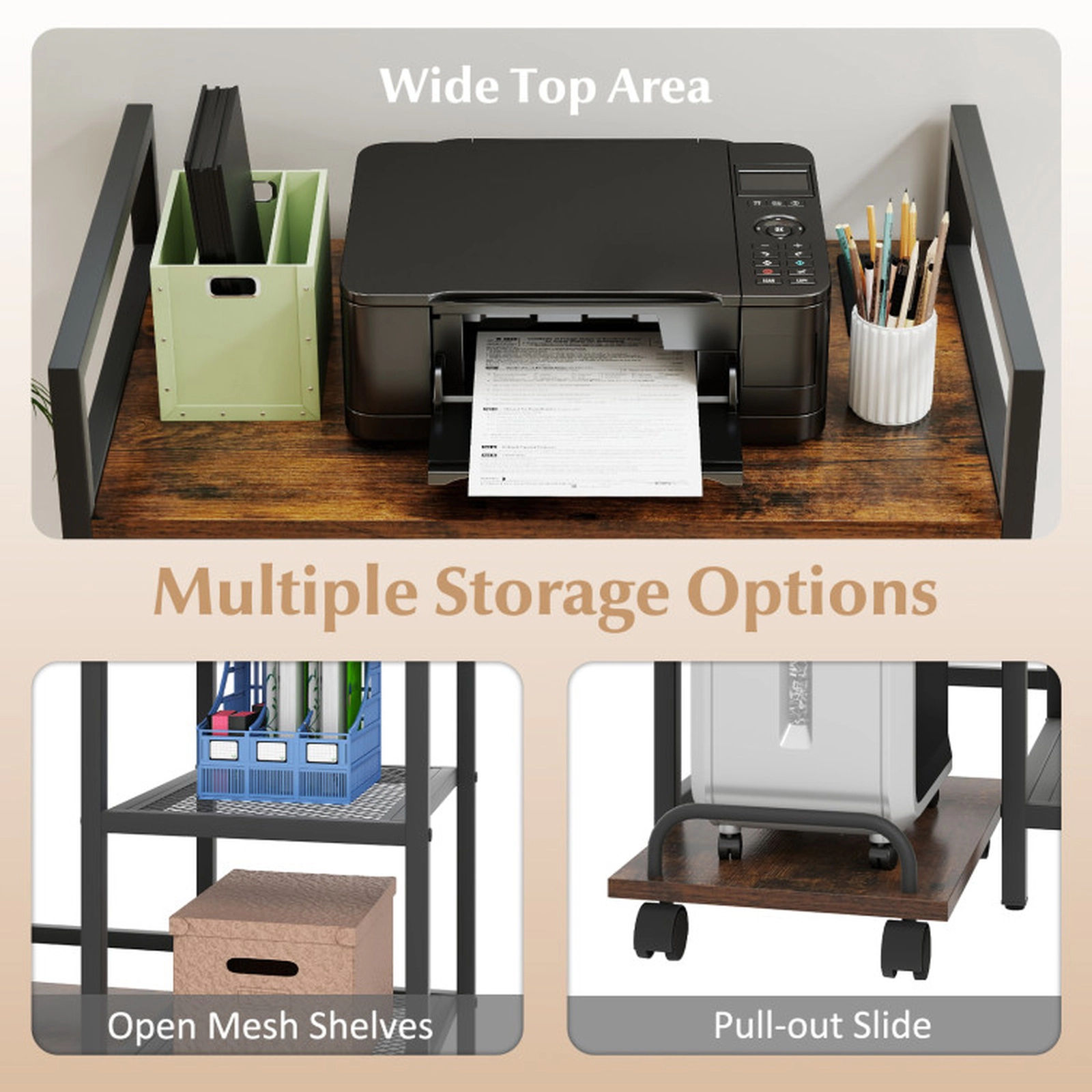 SUGIFT 25-in 110-lb Capacity Printer Stand with Charging Station Pull-Out CPU Slide and Mesh Storage Shelves