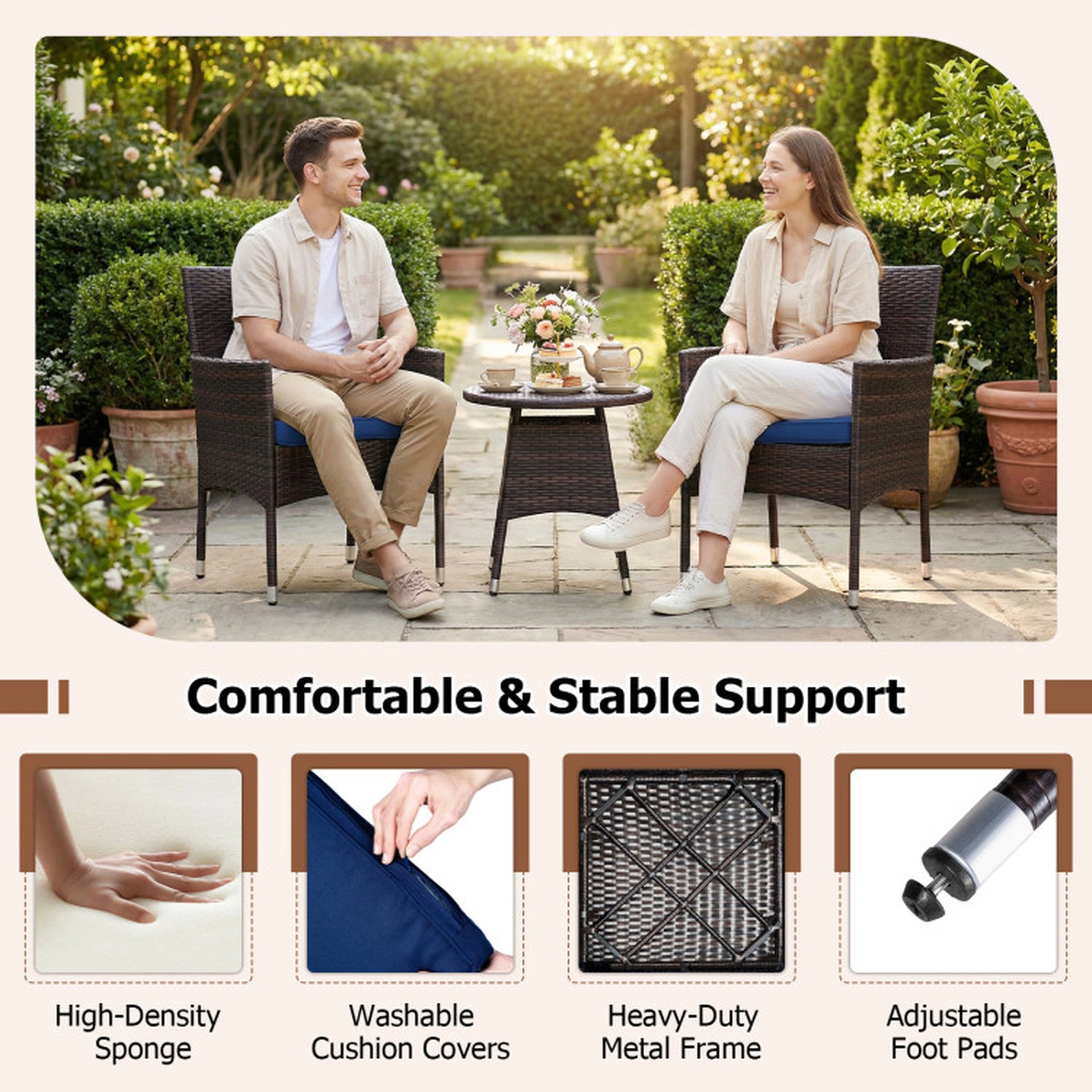 SUGIFT Navy 2 Cushioned Chairs and Side Table 3-Piece Patio Rattan Bistro Set