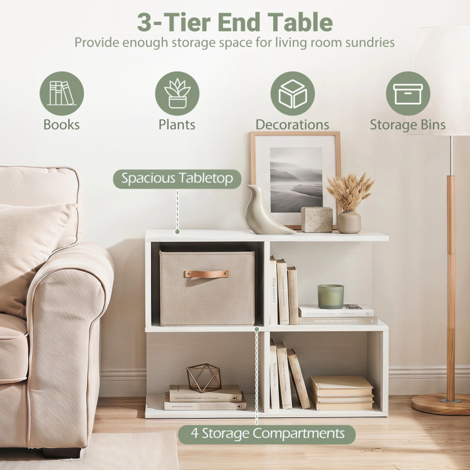 SUGIFT White 24-In 3-Tier S-Shaped End Table with 4 Storage Cubes