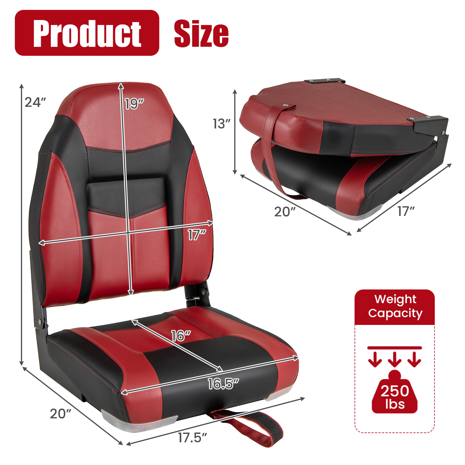 SUGIFT 250-lb Capacity Waterproof PVC High Back Folding Boat Seat with Sponge Cushion and Aluminum Hinges