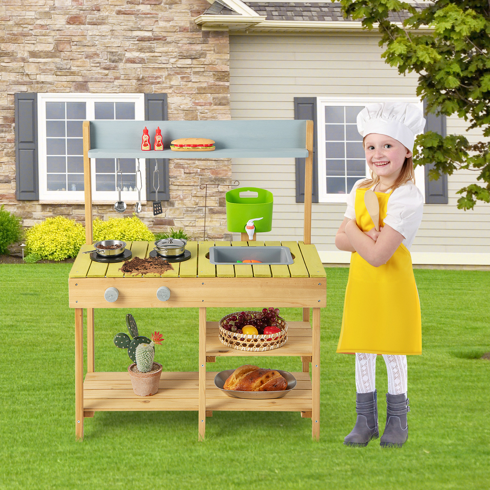 SUGIFT Natural Stove Top and Storage Shelves Backyard Kids Wooden Pretend Play Kitchen