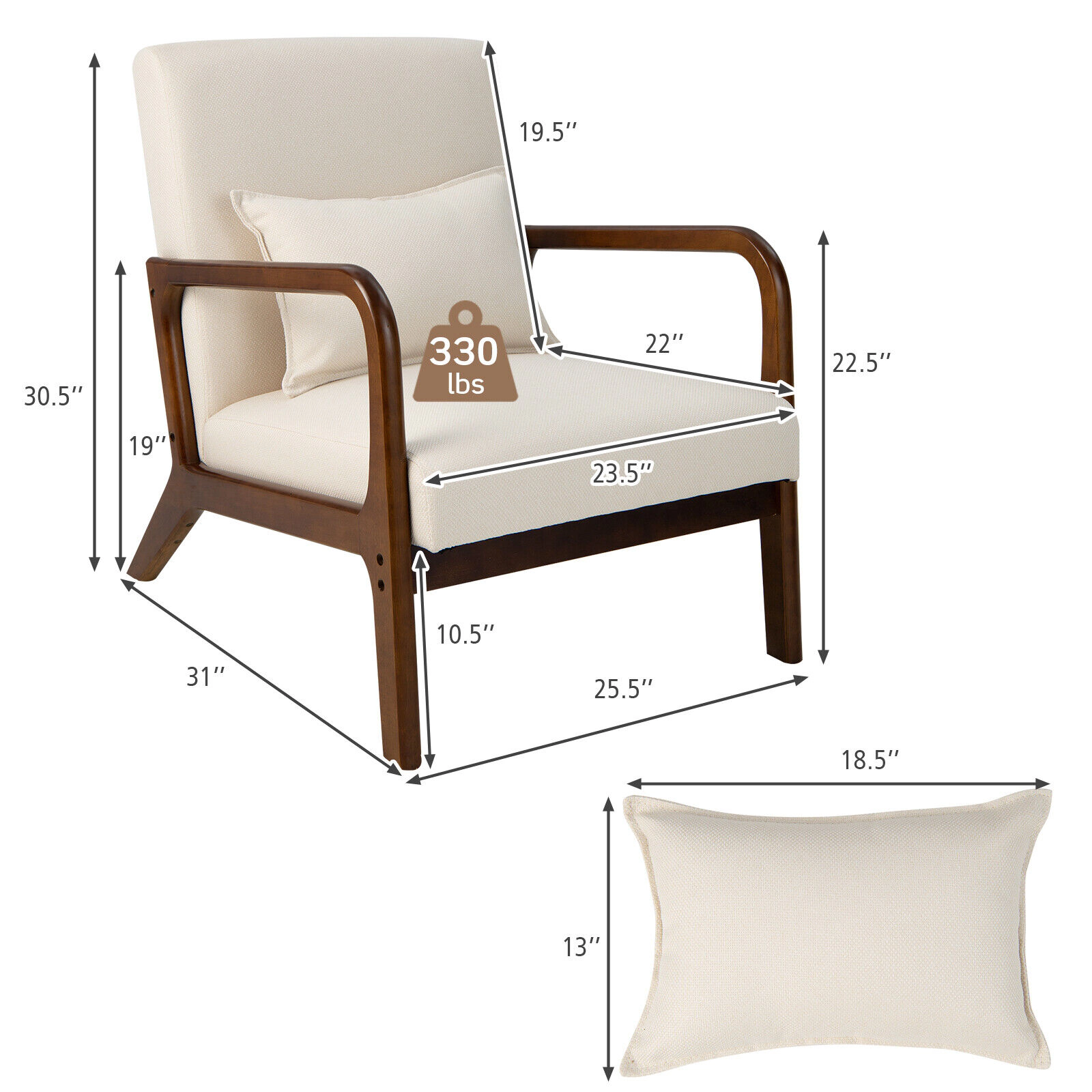 SUGIFT Beige 330-lb Capacity Faux Linen Modern Accent Chair with Rubber Wood Frame Armrests and Lumbar Pillow
