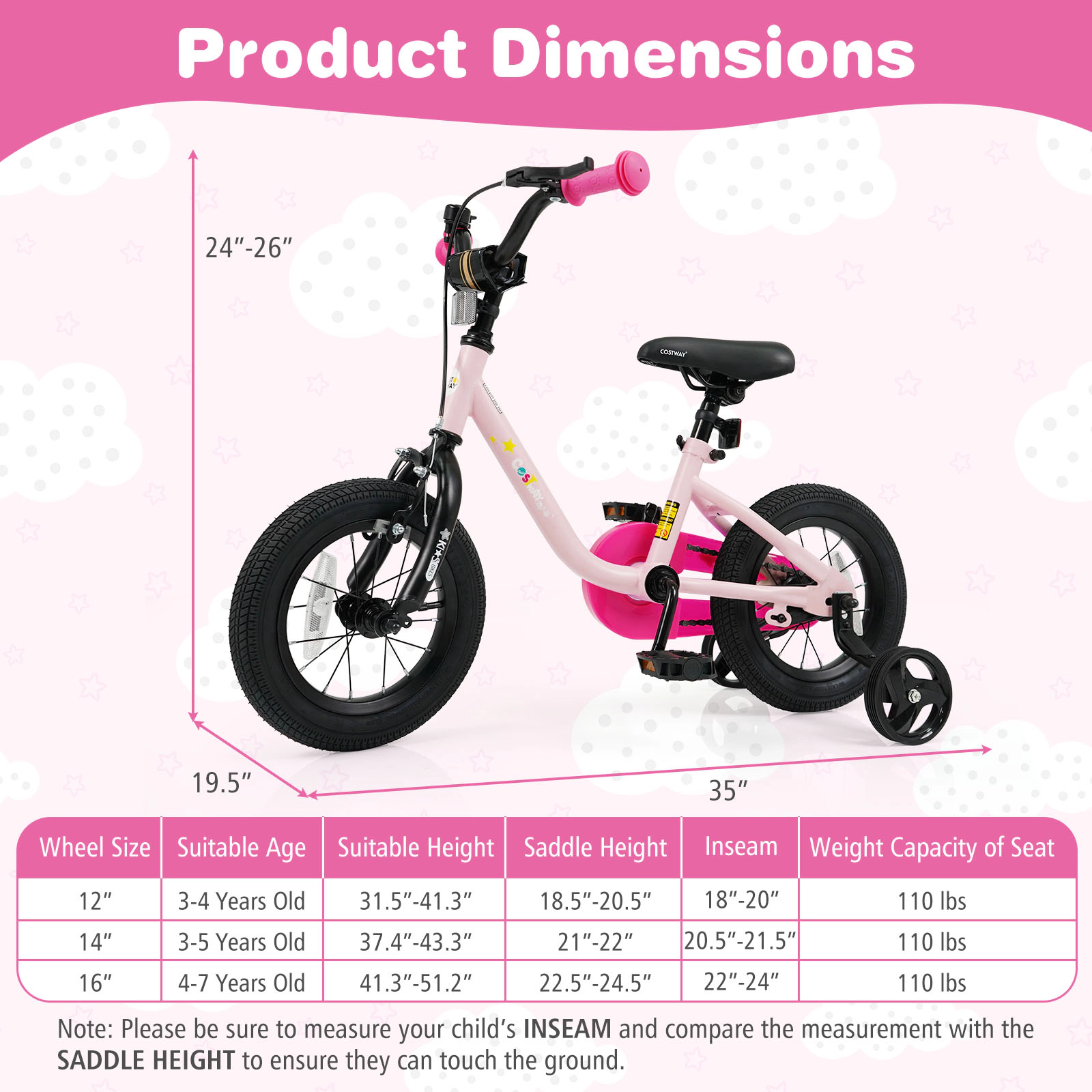 LJG Kids Bike Boys and Girls 12/14/16-Inch Children Bicycle-Pink
