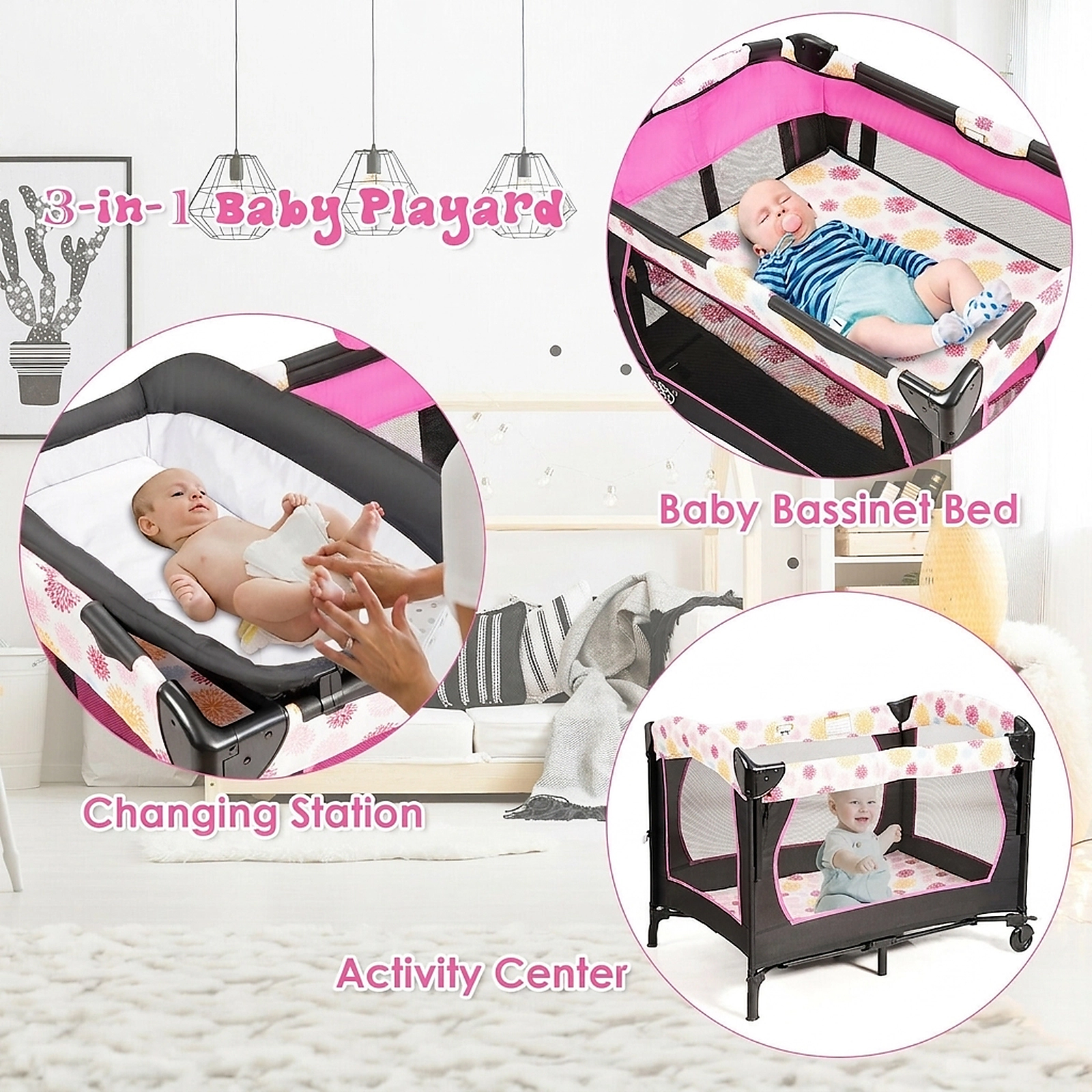 SUGIFT Baby 3-in-1 Bedside Bassinet Diaper Table Locking Wheels Playard 40-in x 28.5-in x 31.5-in 33-lb Capacity Pink