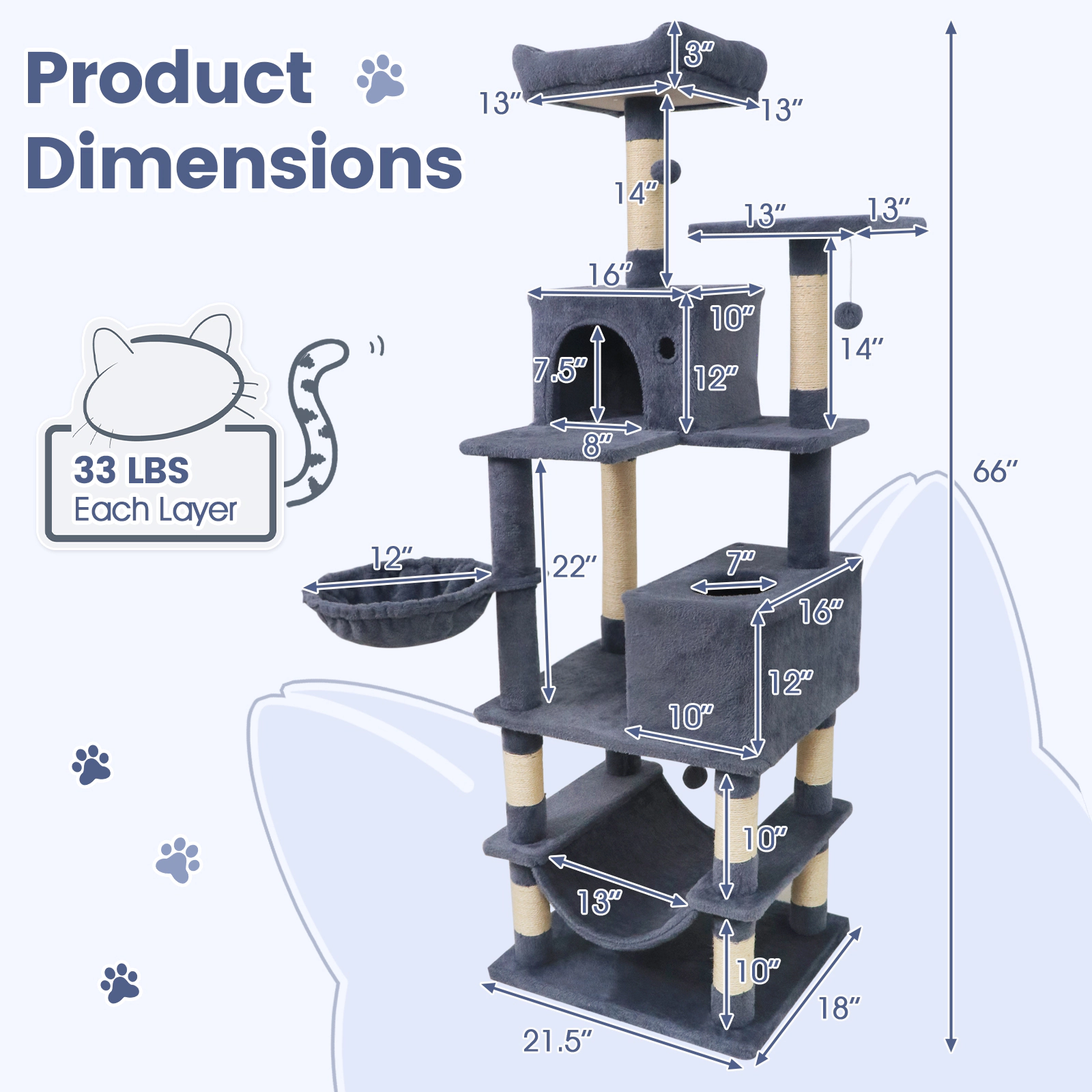 SUGIFT 66-in Dark Gray Multi-Level Cat Tree Tower with 2 Condos Skylight Hammock and Sisal Posts