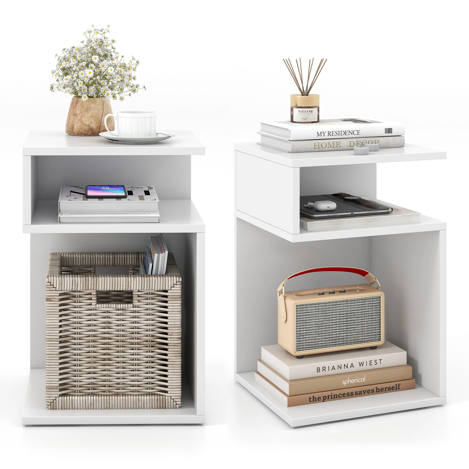 SUGIFT S-Shaped Engineered Wood Side Table with 2 Open Compartments 66-lb Tabletop Capacity White