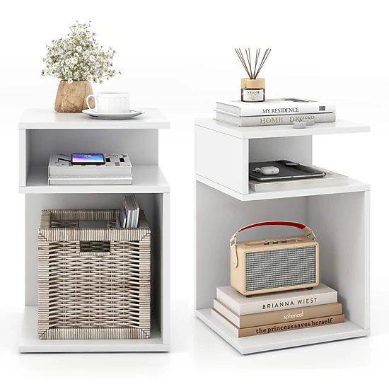 SUGIFT S-Shaped Engineered Wood Side Table with 2 Open Compartments 66-lb Tabletop Capacity White